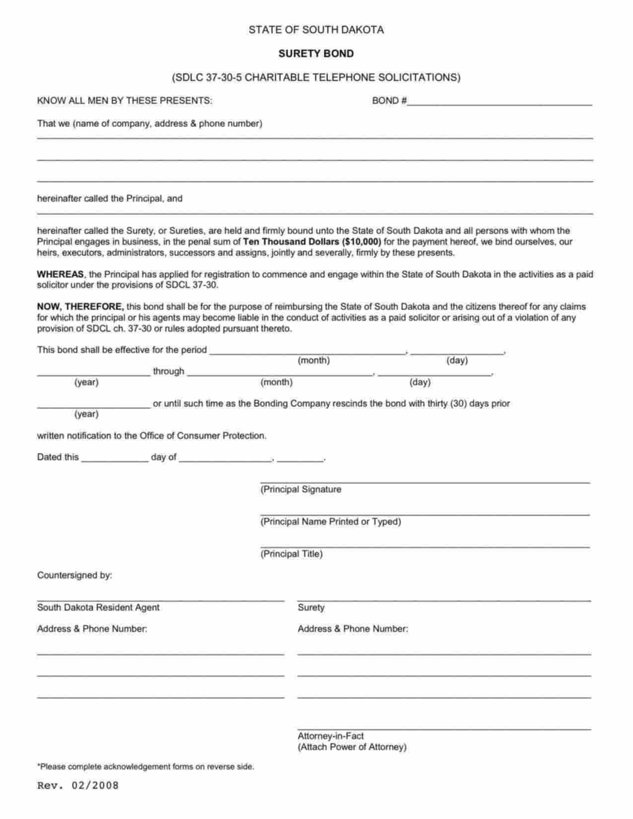 South Dakota Charitable Telephone Solicitations Bond Form