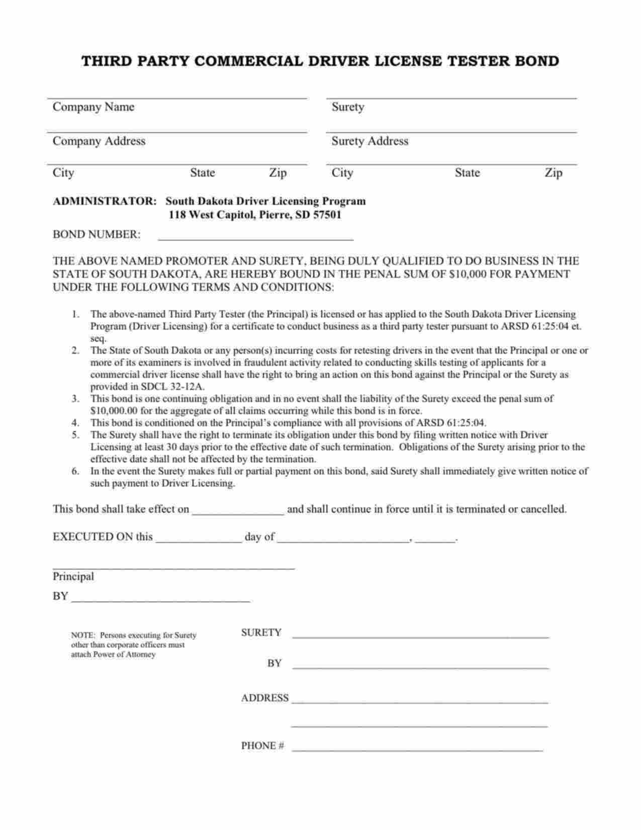 South Dakota Third Party Commercial Driver License (CDL) Tester Bond Form