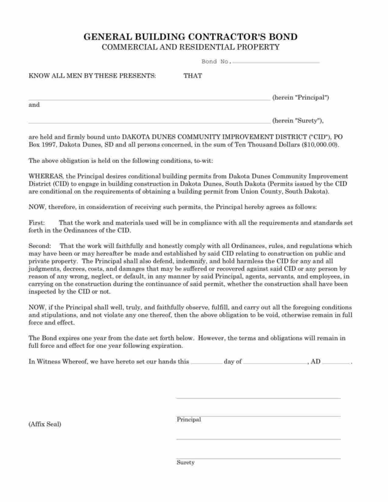 South Dakota Commercial and Residential Property Permit Bond Form