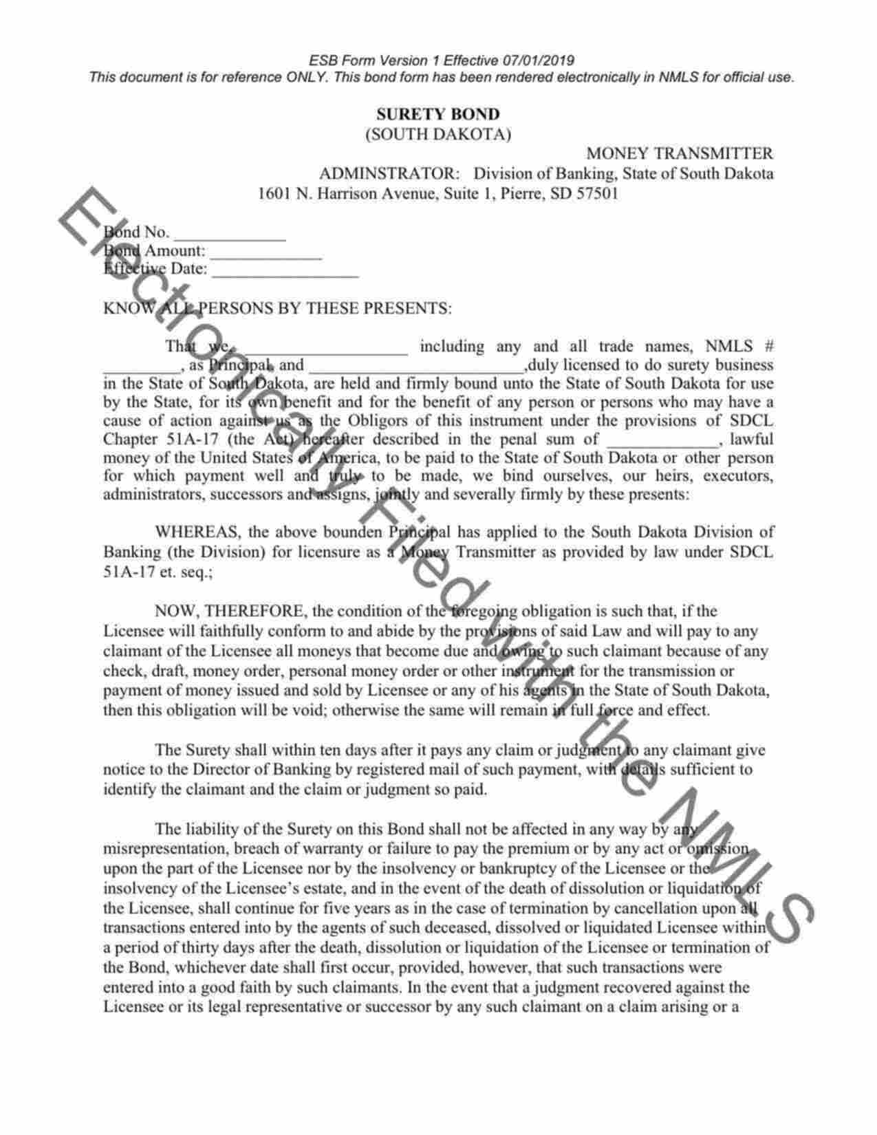 South Dakota Money Transmitter License Bond Form