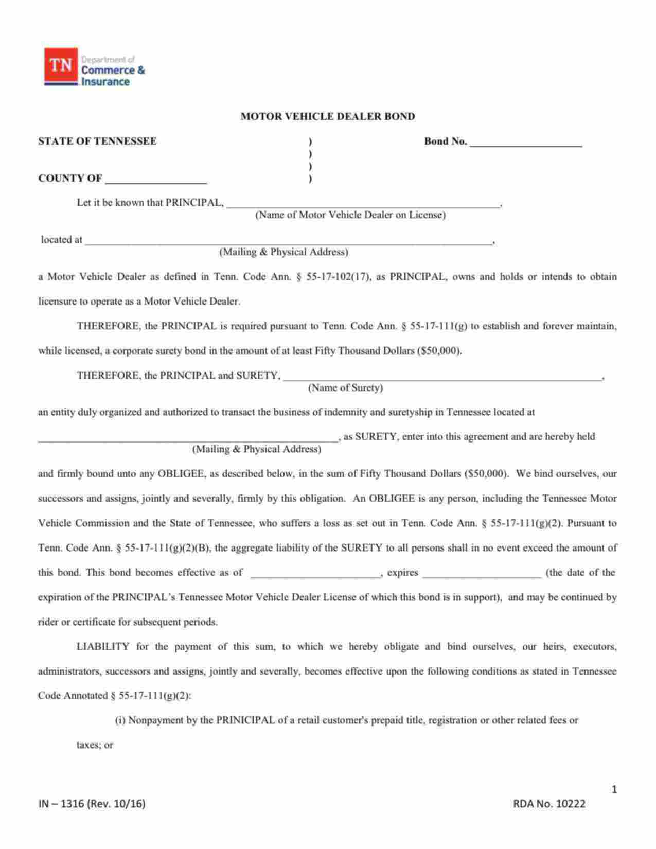 Tennessee Motor Vehicle Dealer Bond Form