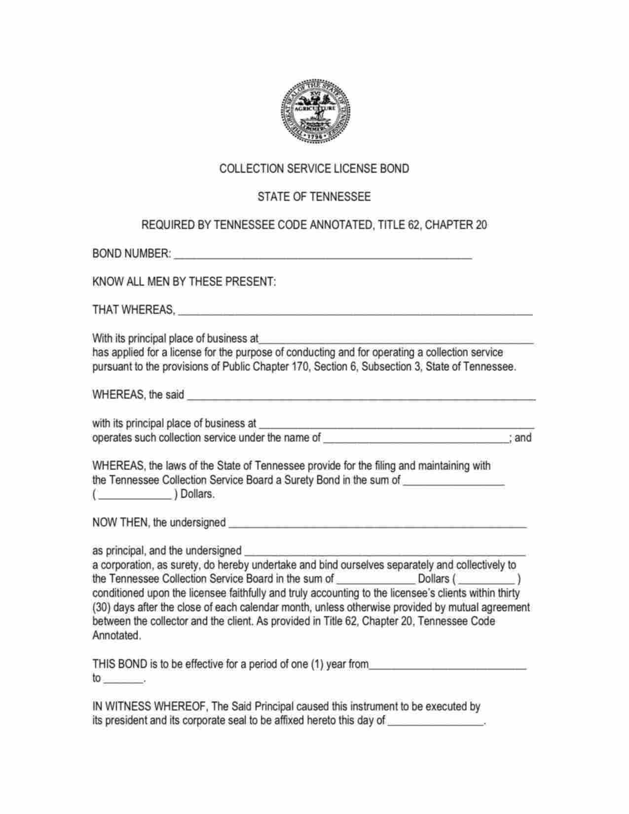 Tennessee Collection Service License Bond Form