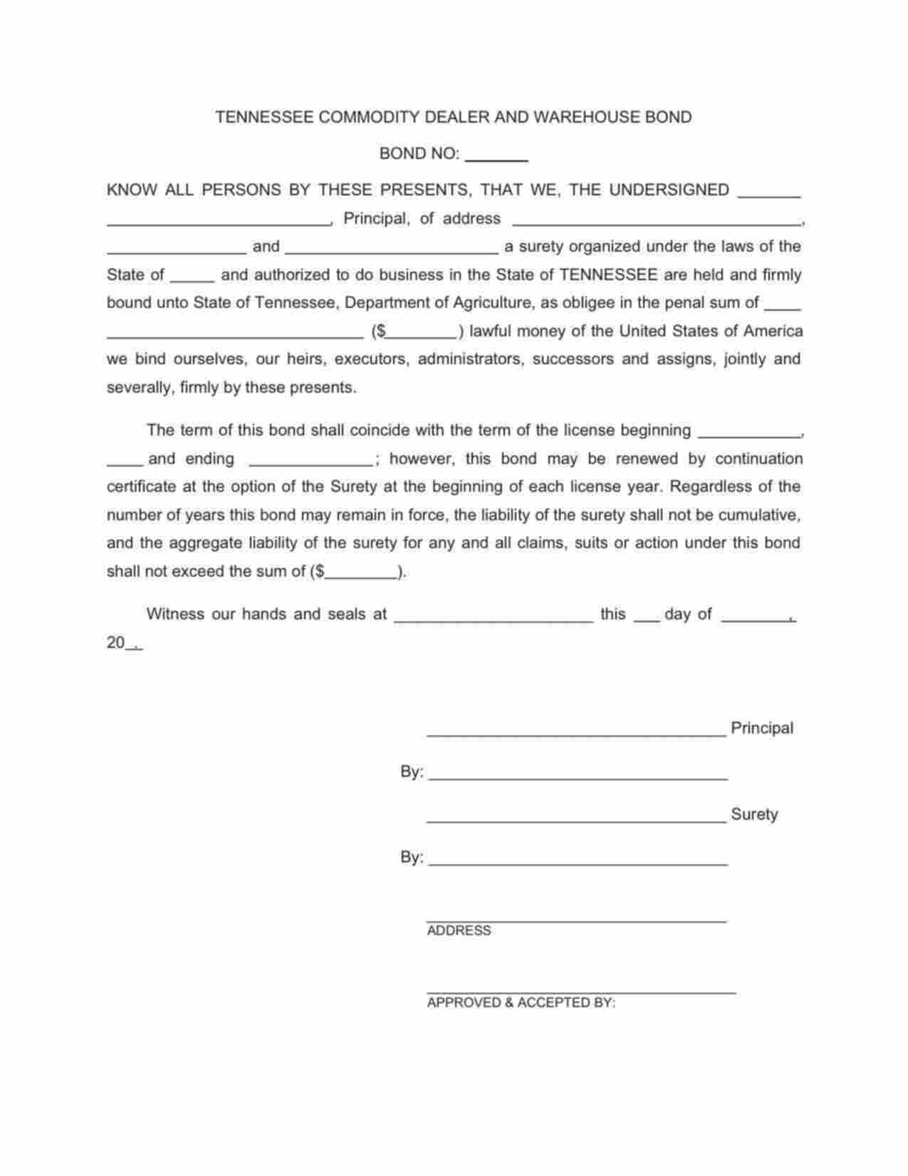 Tennessee Commodity Dealer and Warehouse Bond Form