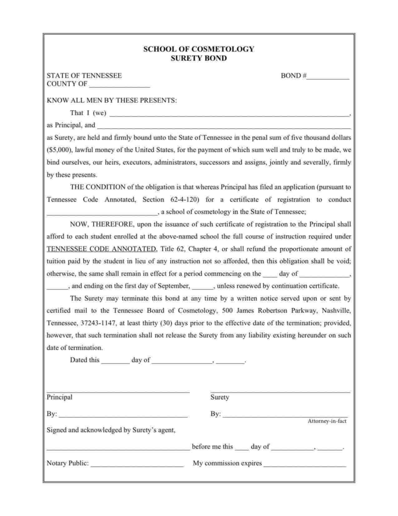 Tennessee School of Cosmetology Bond Form