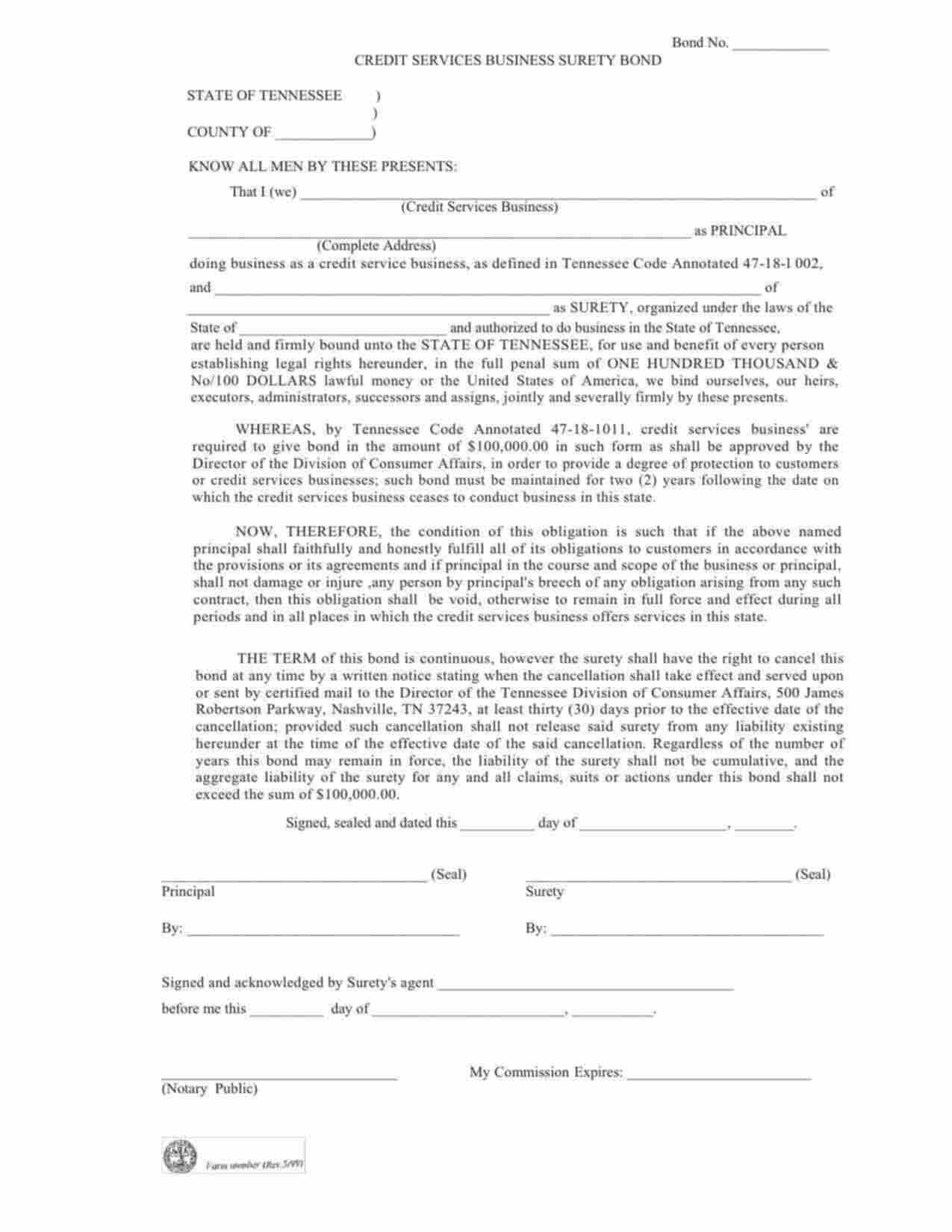 Tennessee Credit Services Business Bond Form