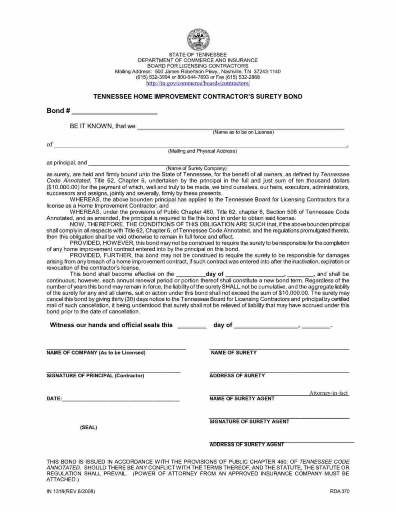 Tennessee Home Improvement Contractor Bond Form