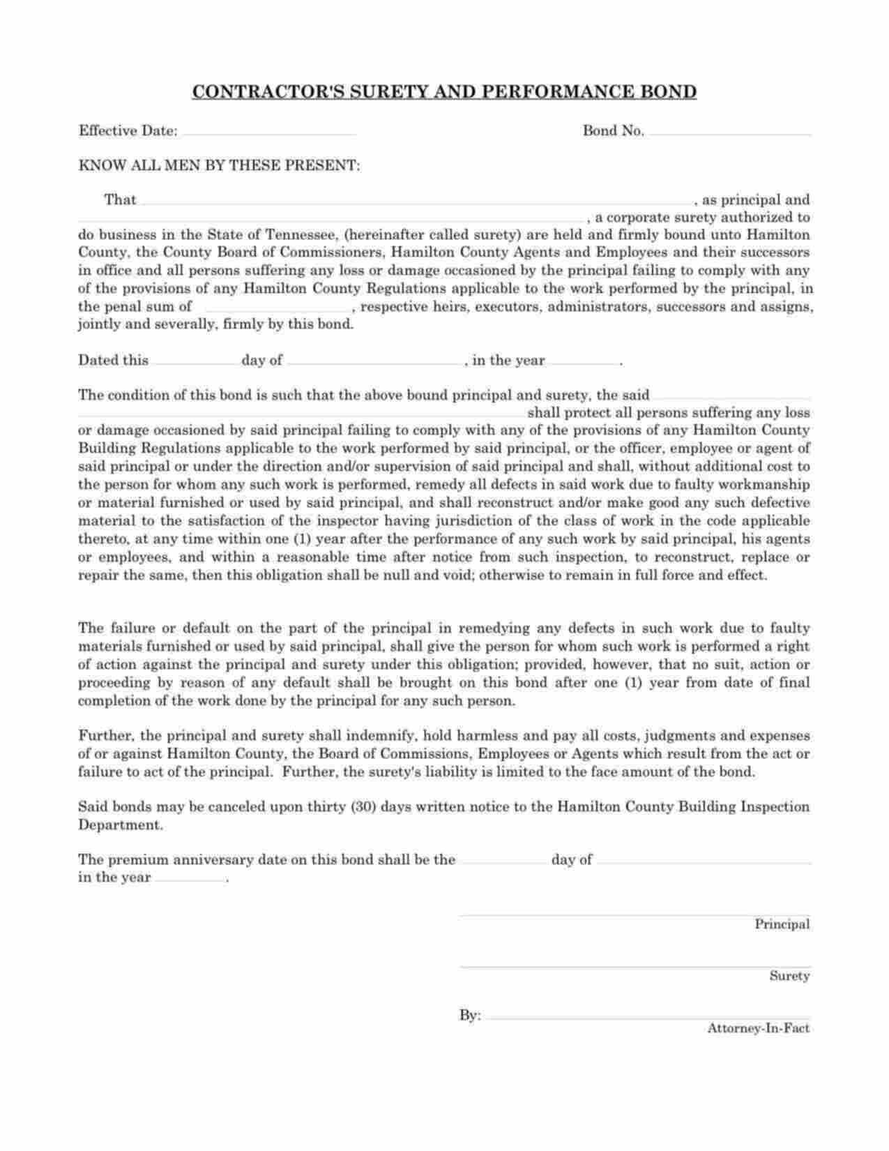 Tennessee Contractor's Surety and Performance Bond Form