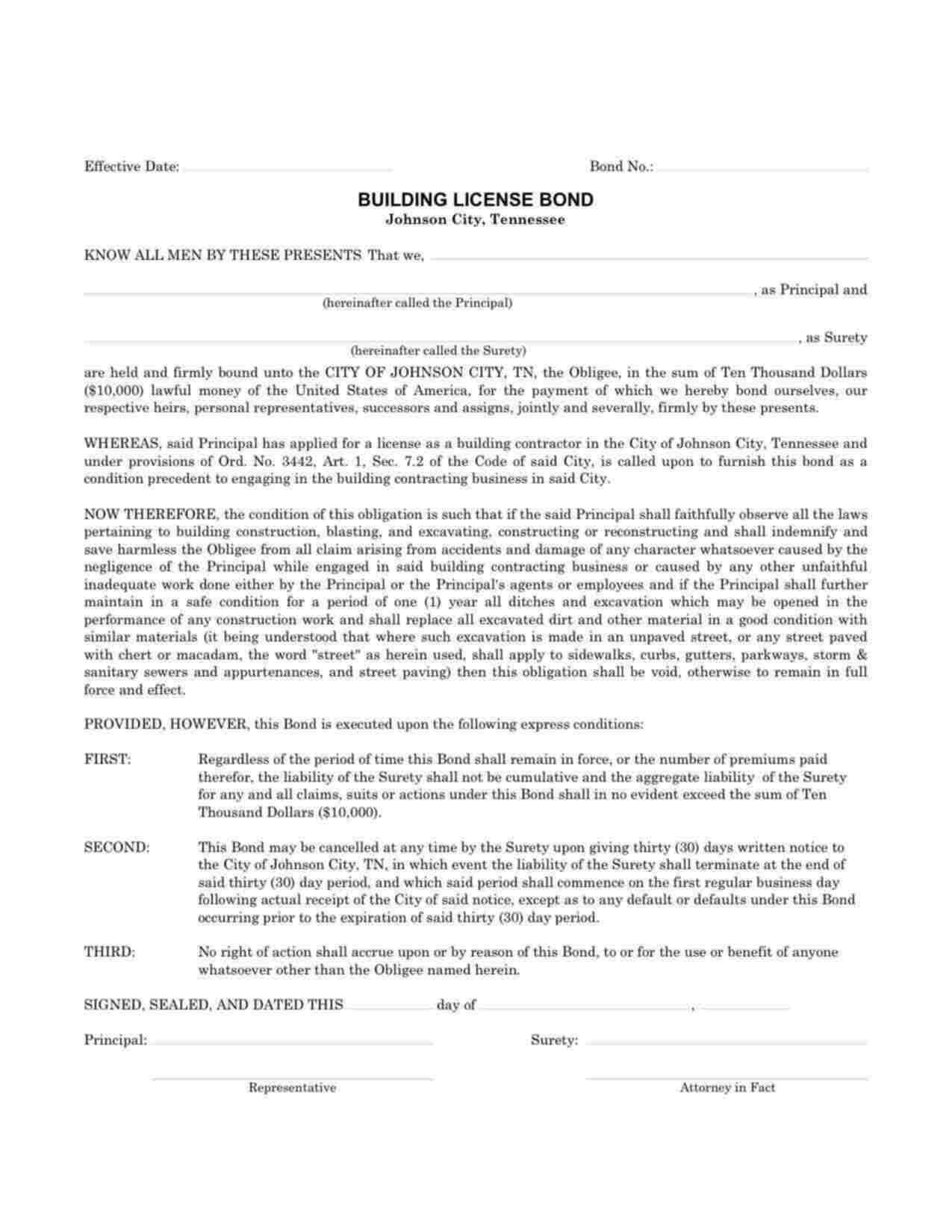 Tennessee Building License Bond Form