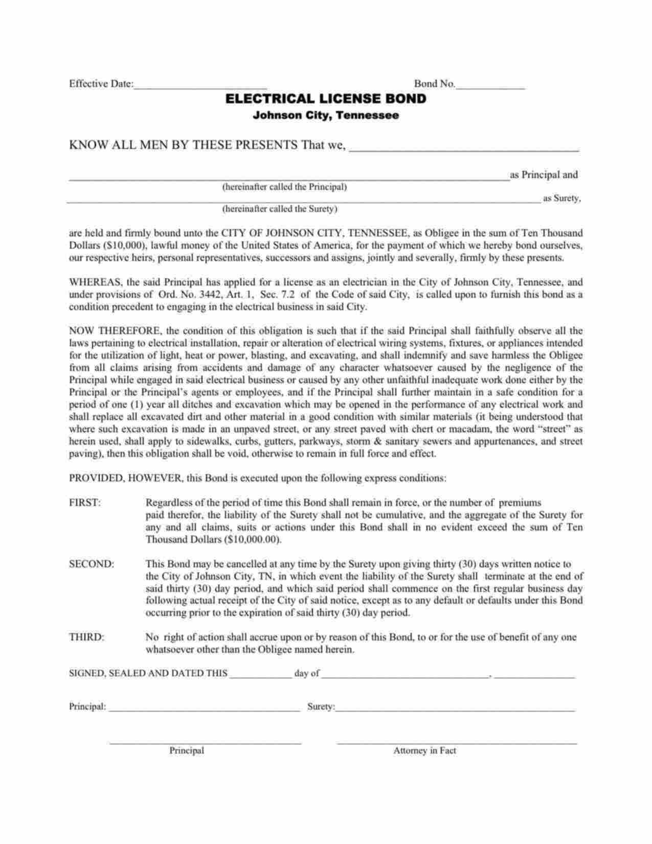 Tennessee Electrical License Bond Form