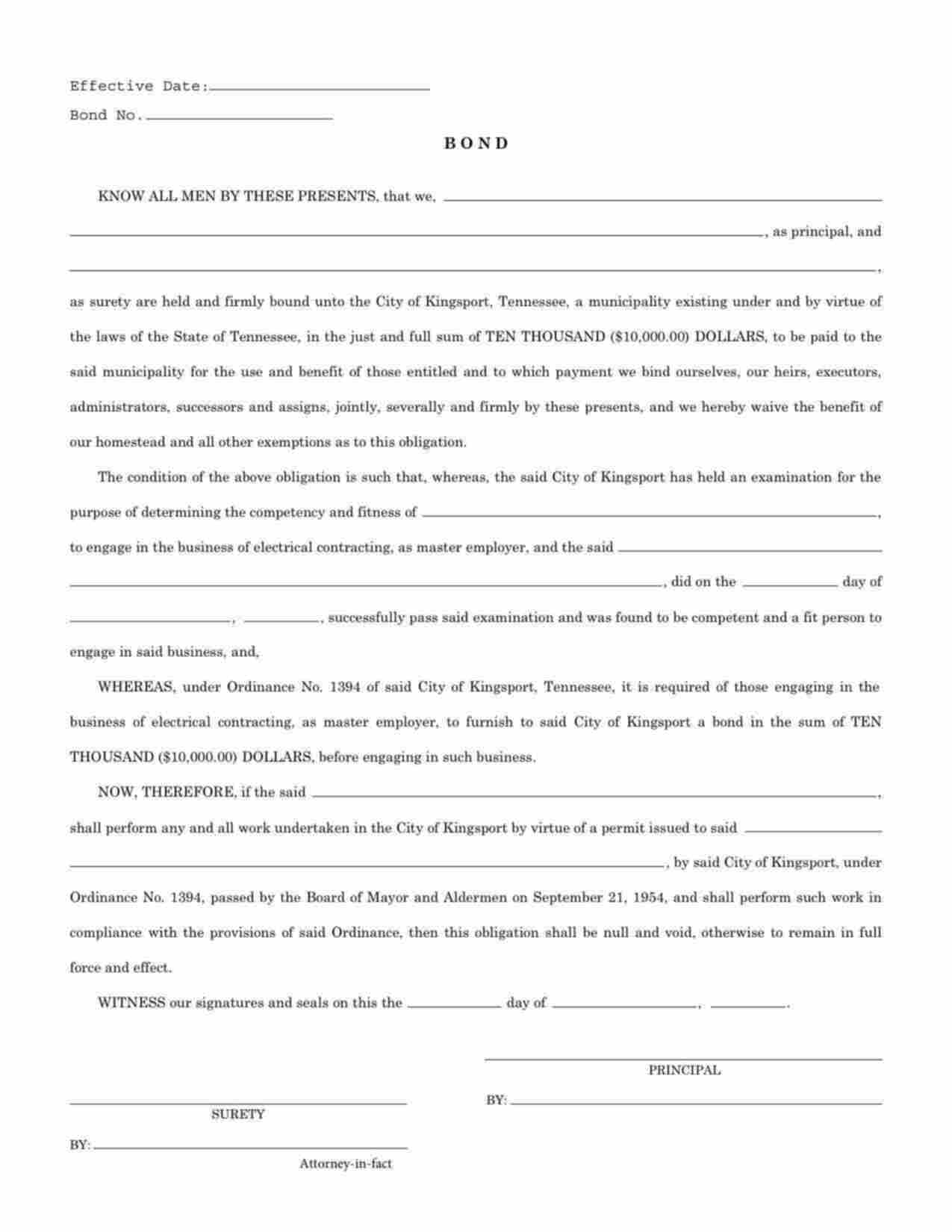 Tennessee Electrical Contracting Bond Form