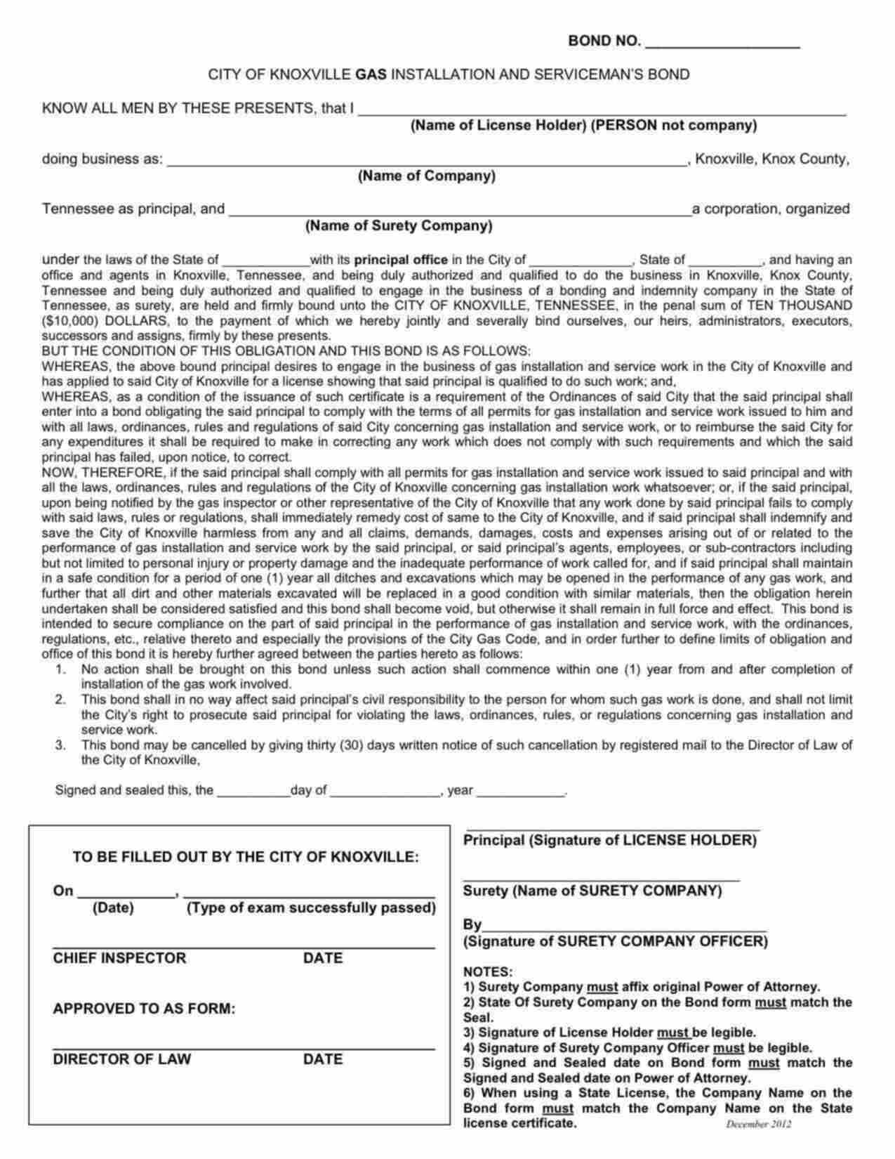 Tennessee Gas Installation and Serviceman Bond Form