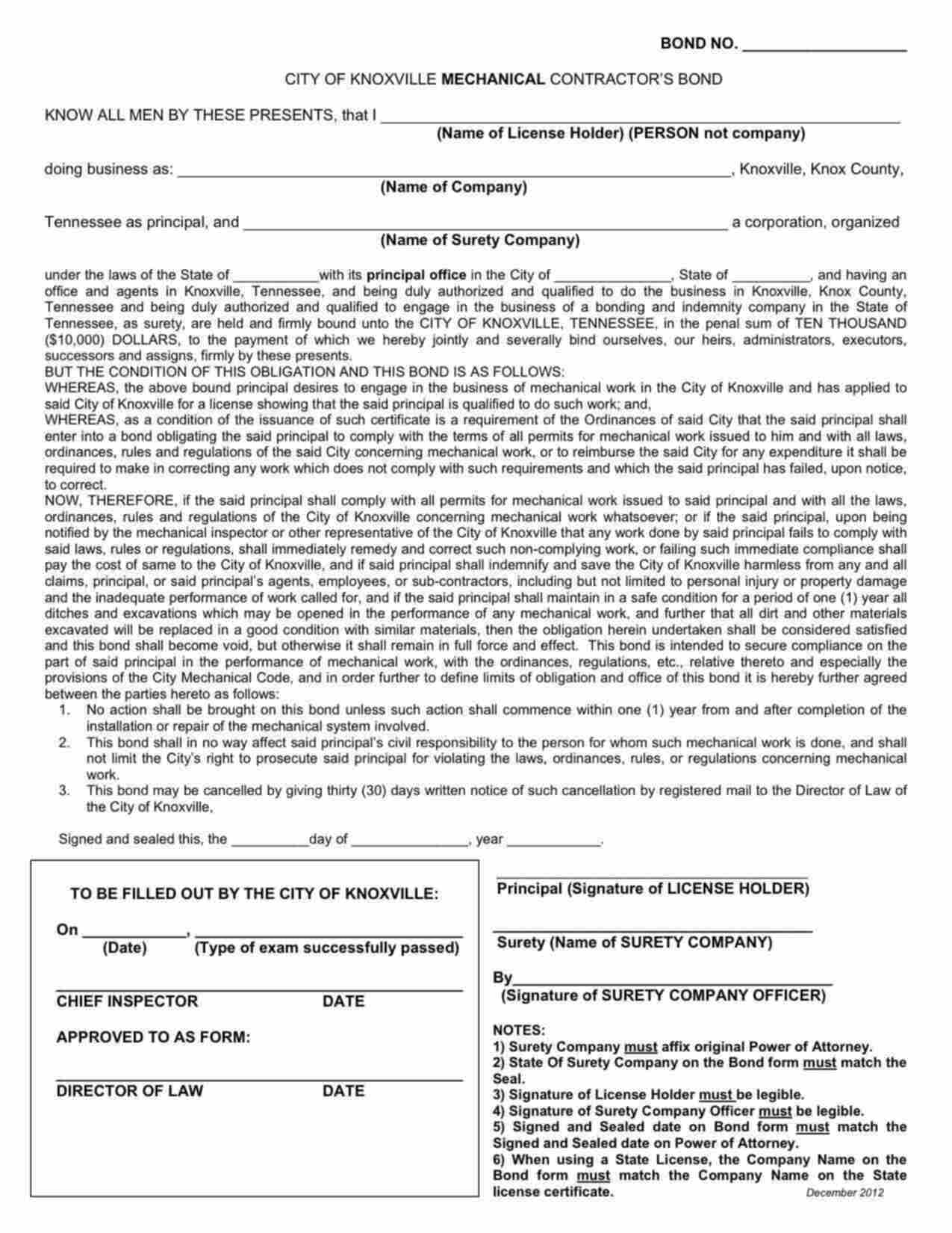 Tennessee Mechanical Contractor Bond Form