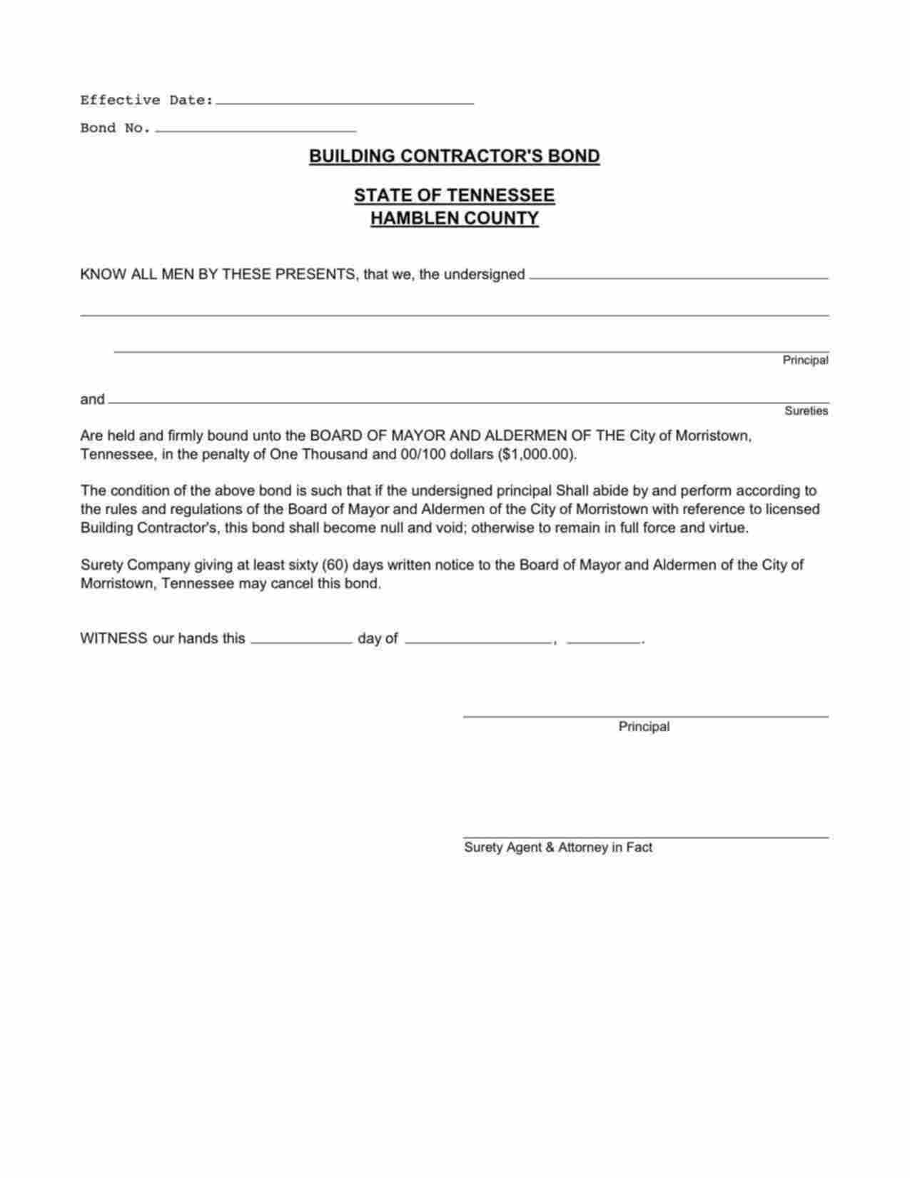 Tennessee Building Contractor Bond Form