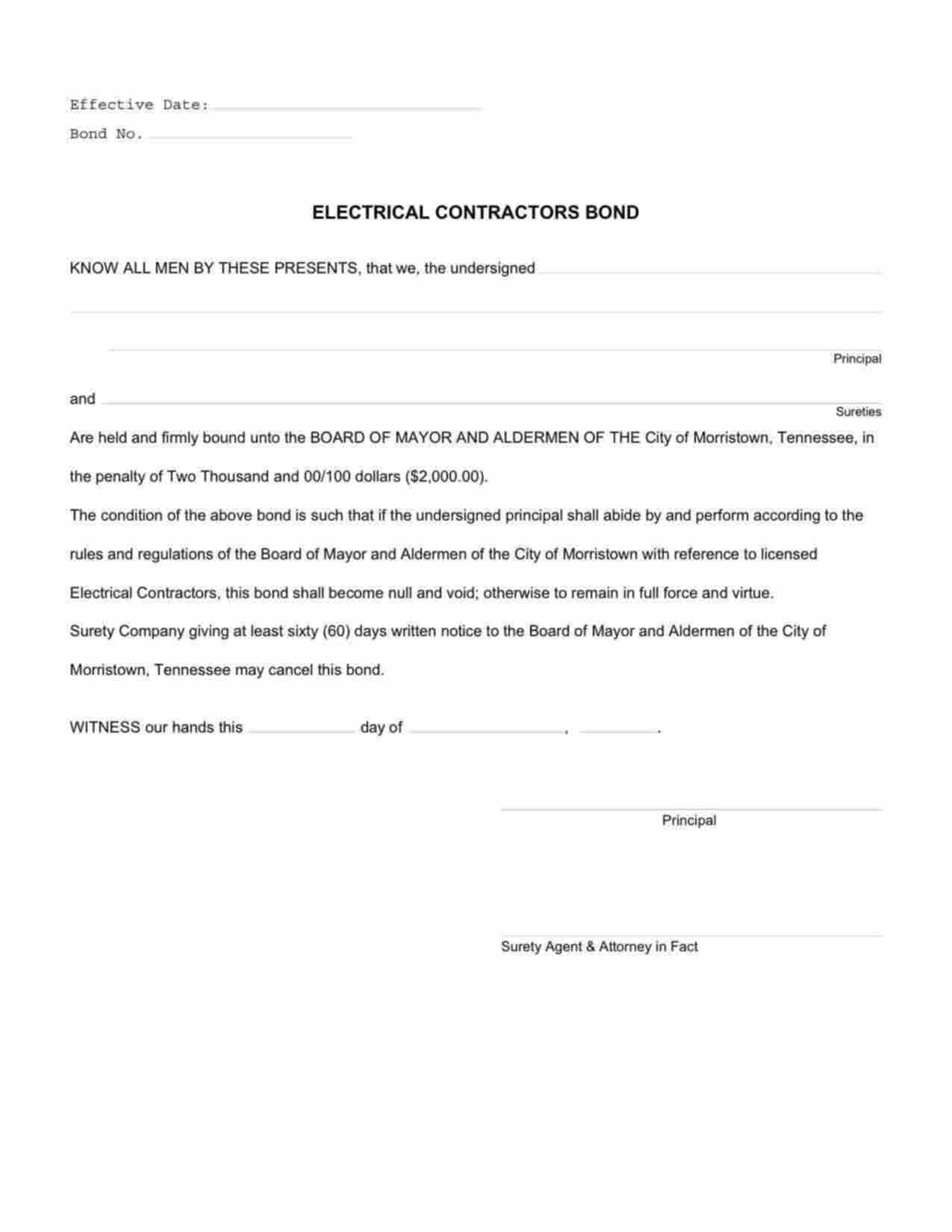 Tennessee Electrical Contractor Bond Form