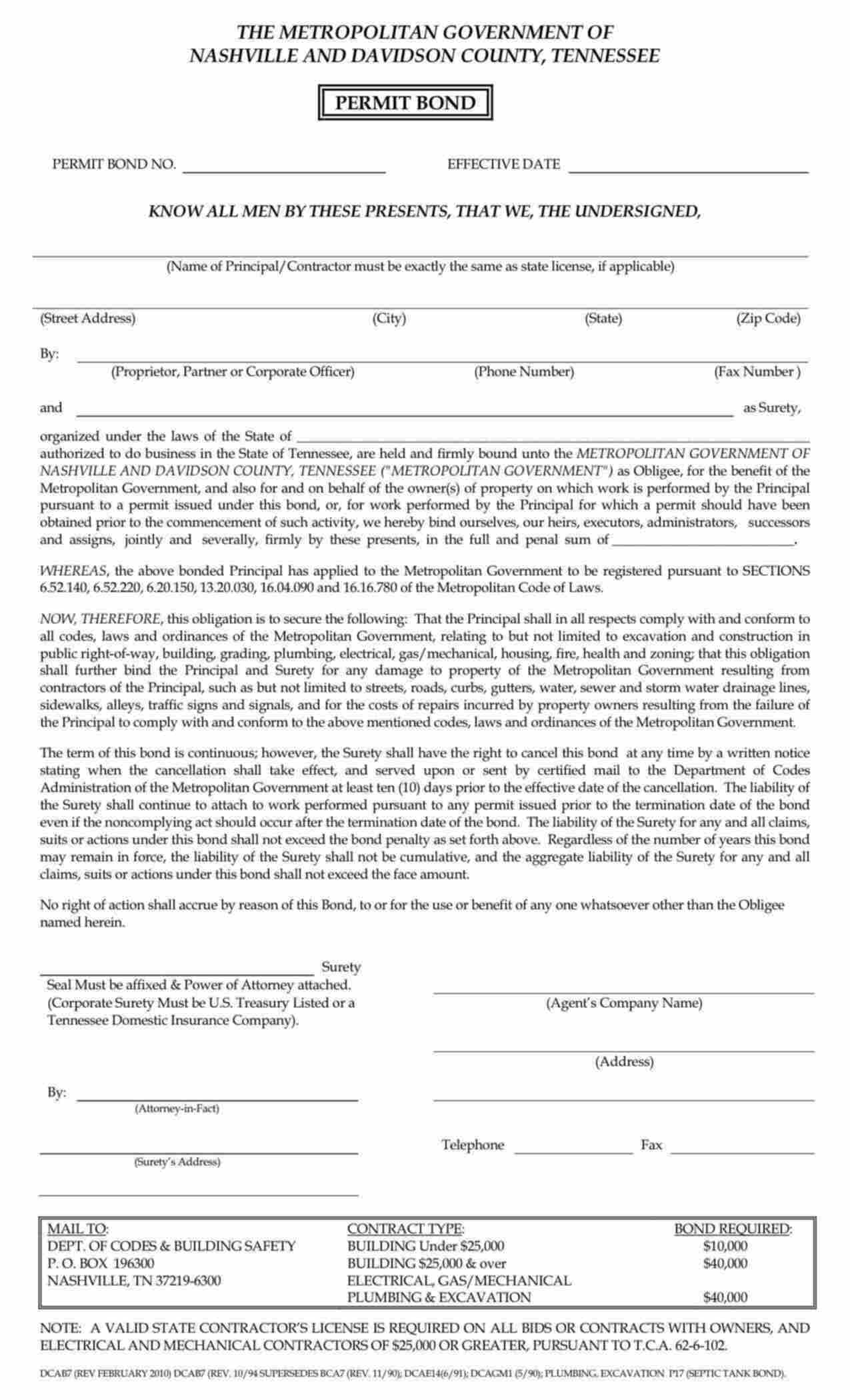 Tennessee Contractor Registration Permit Bond Form