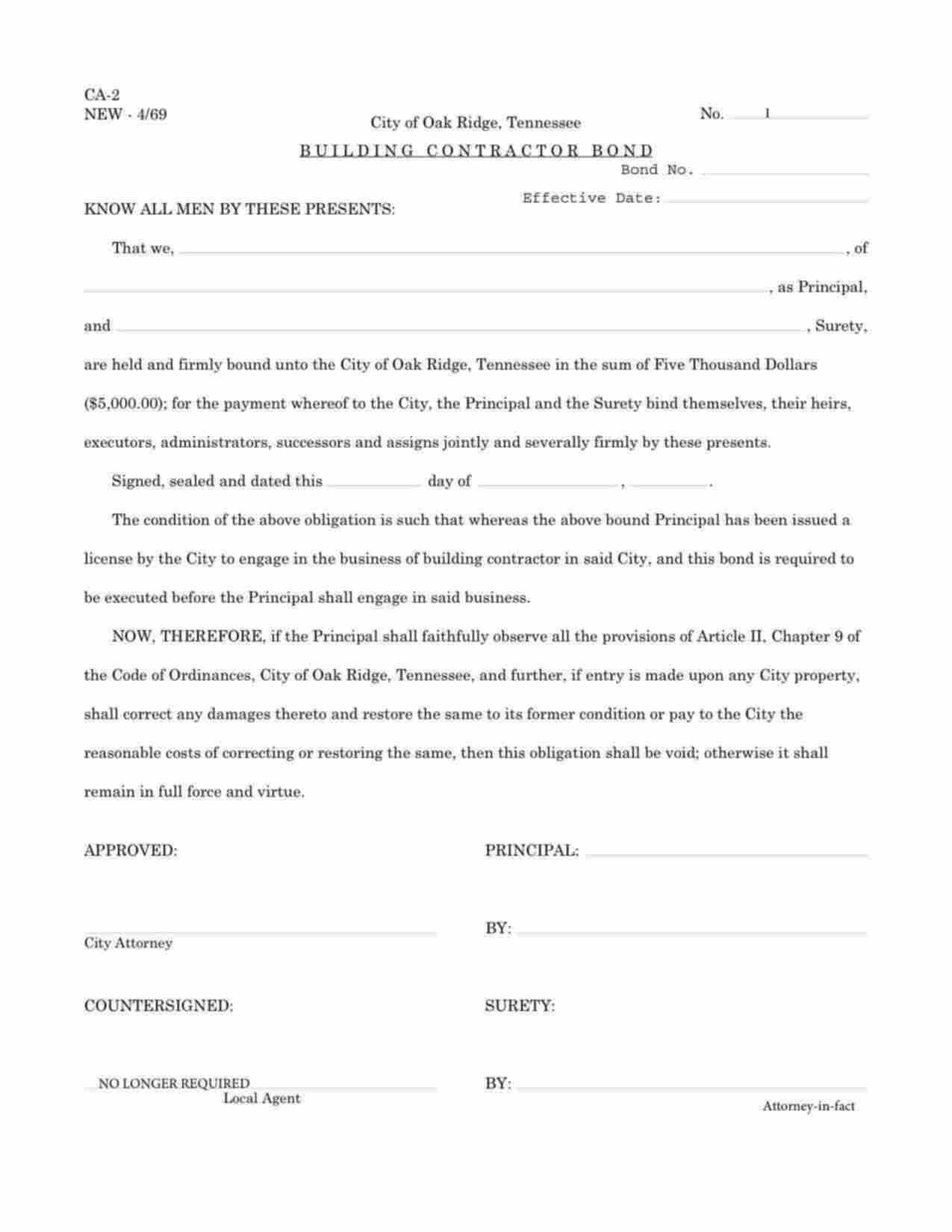 Tennessee Building Contractor Bond Form