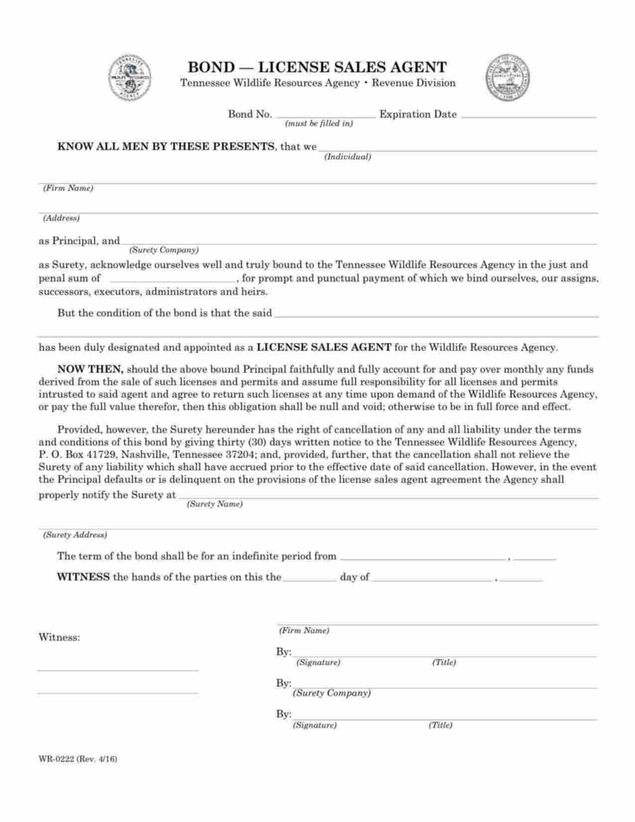 Tennessee Hunting/Fishing License Sales Agent Bond Form