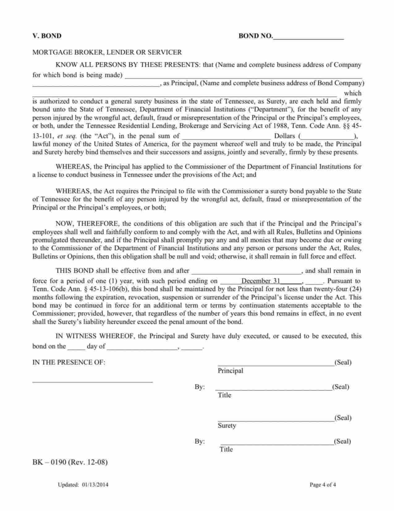 Tennessee Mortgage License (Broker, Lender, or Servicer) Bond Form