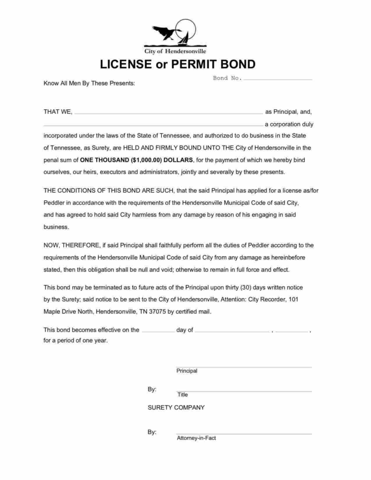 Tennessee Peddler Bond Form