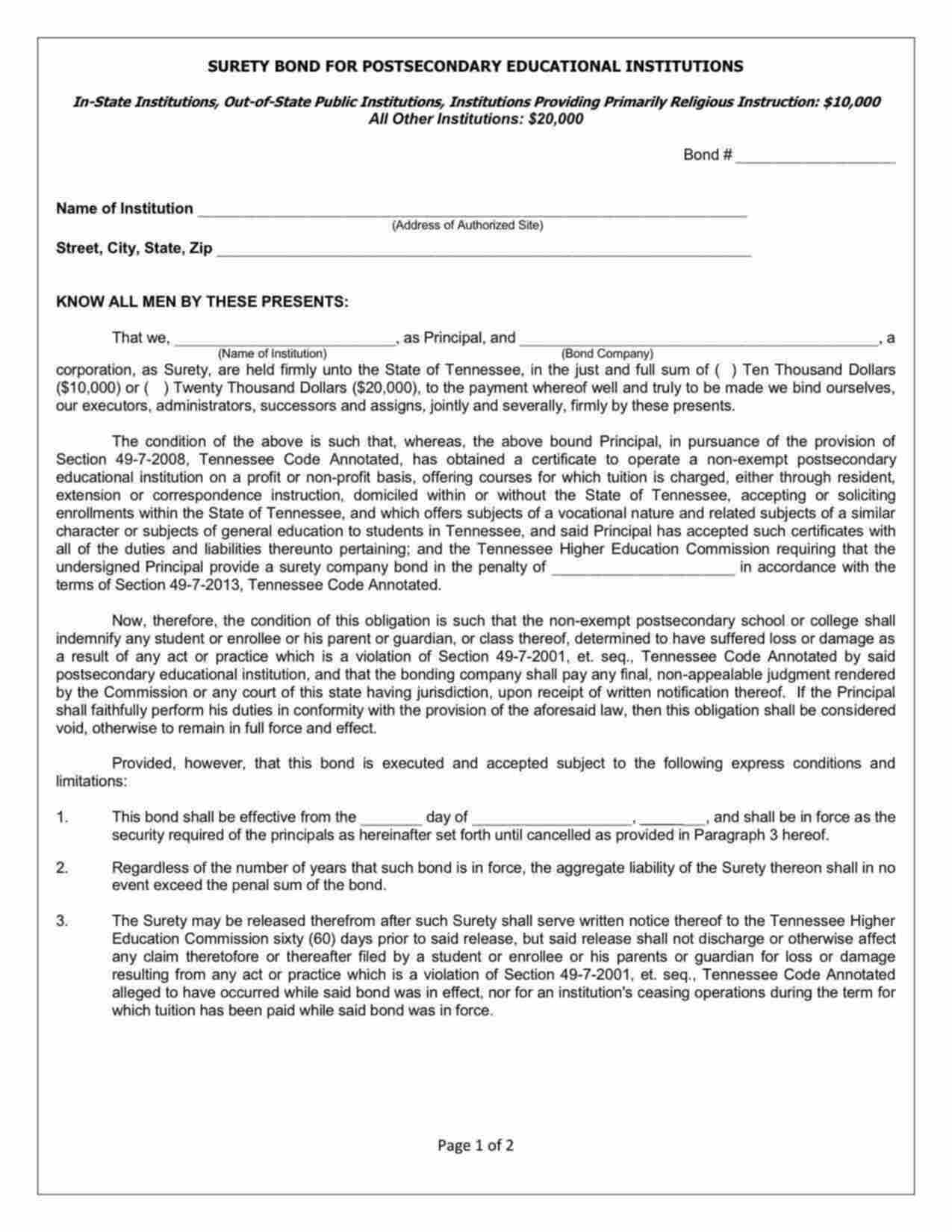 Tennessee Postsecondary Educational Institution Bond Form