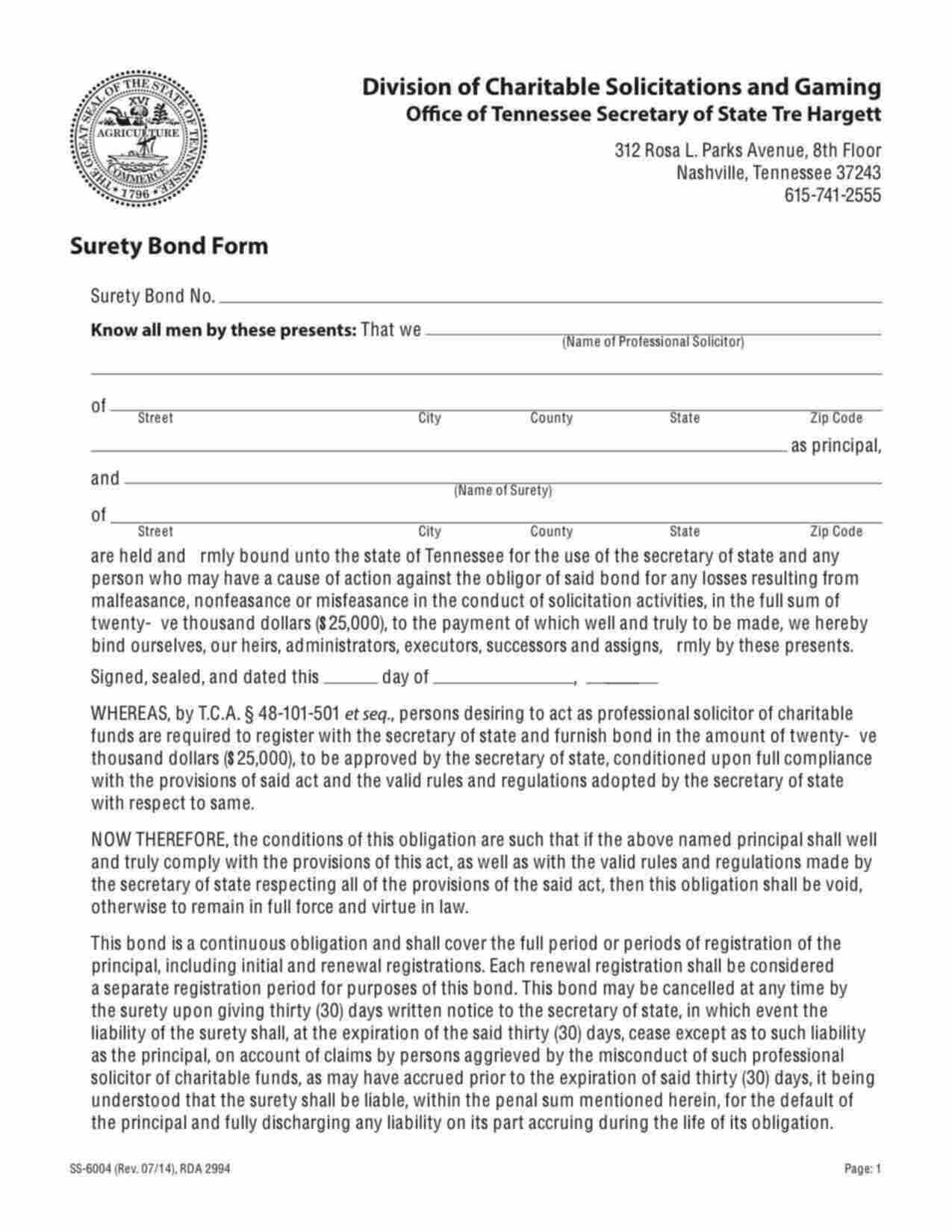 Tennessee Professional Solicitor Bond Form