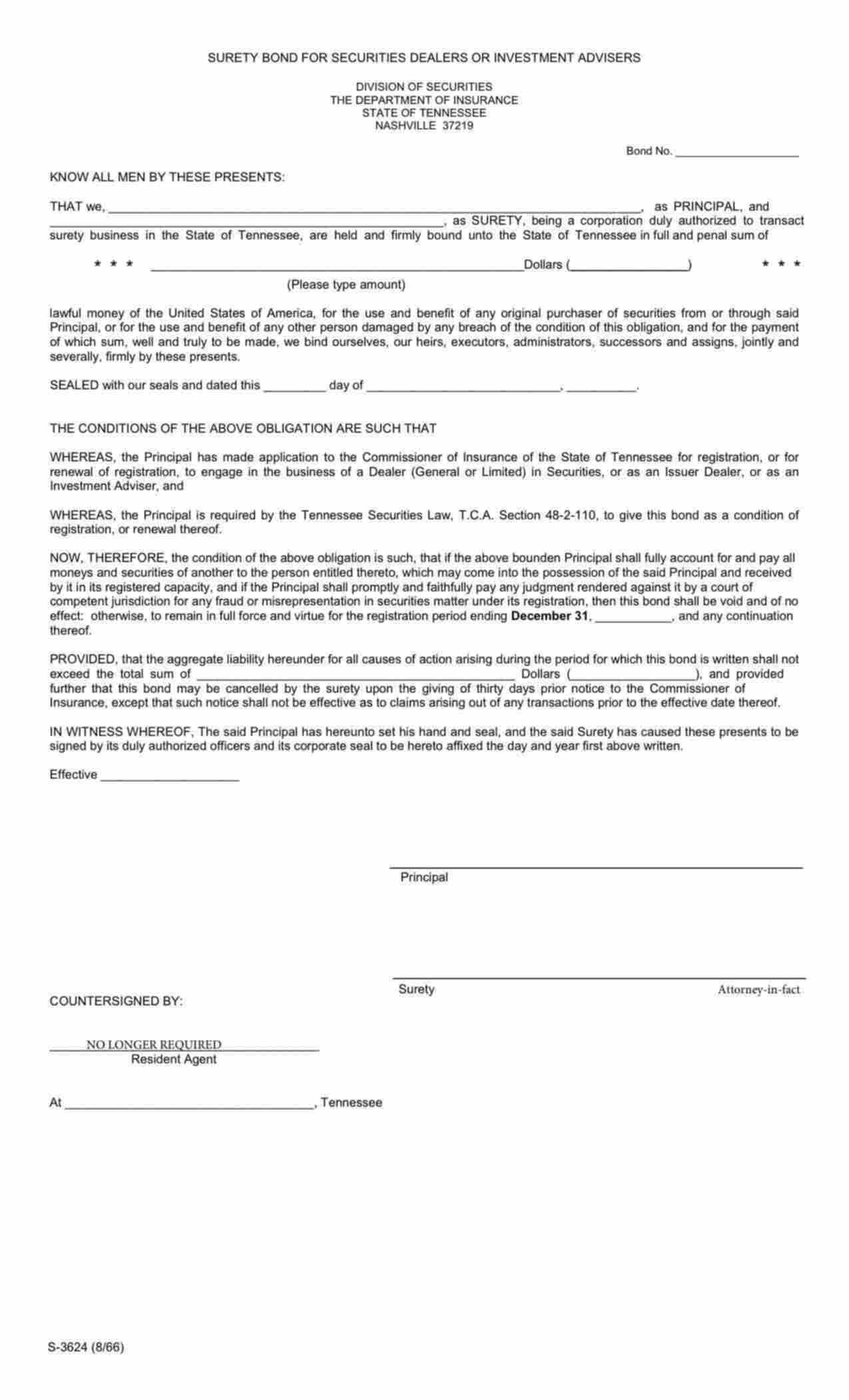 Tennessee Securities Dealers or Investment Advisers Bond Form