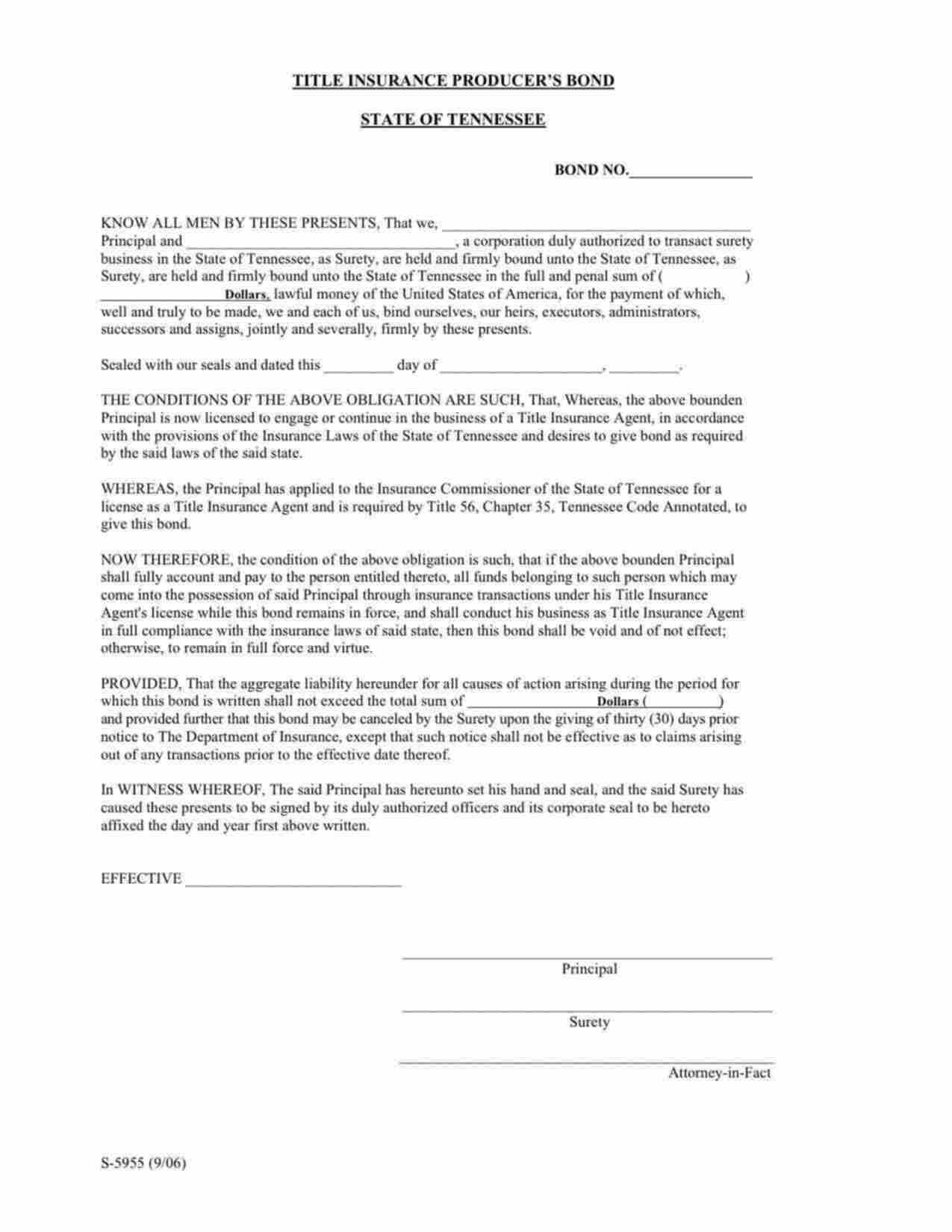 Tennessee Title Insurance Producer Bond Form