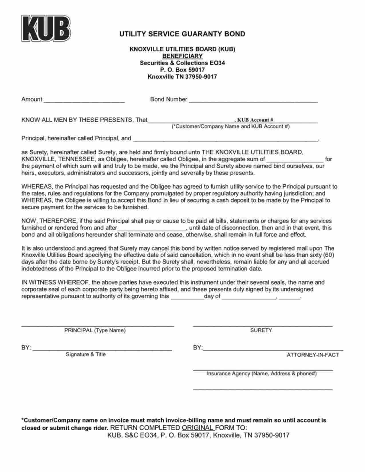 Tennessee Utility Service Guaranty Bond Form