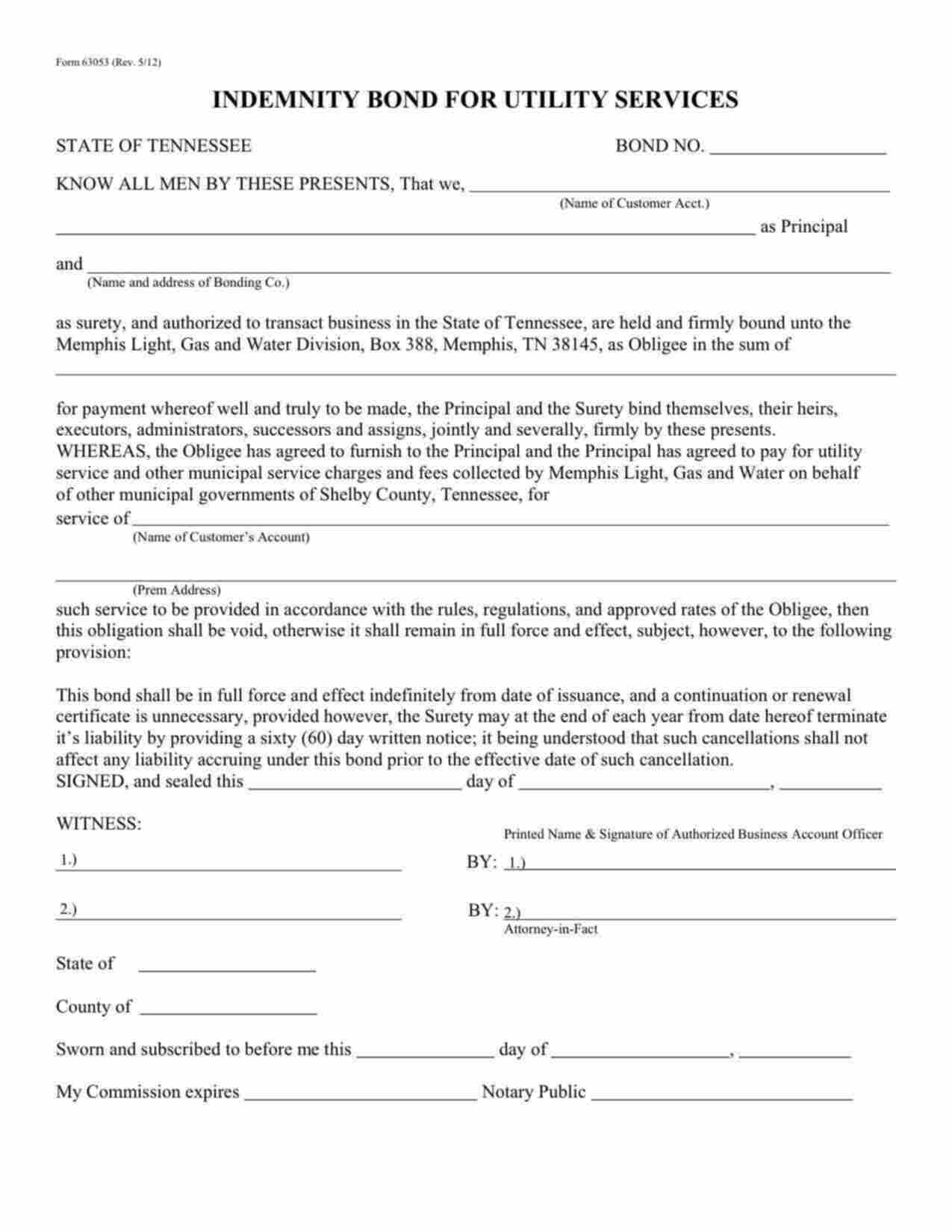 Tennessee Utility Deposit Bond Form