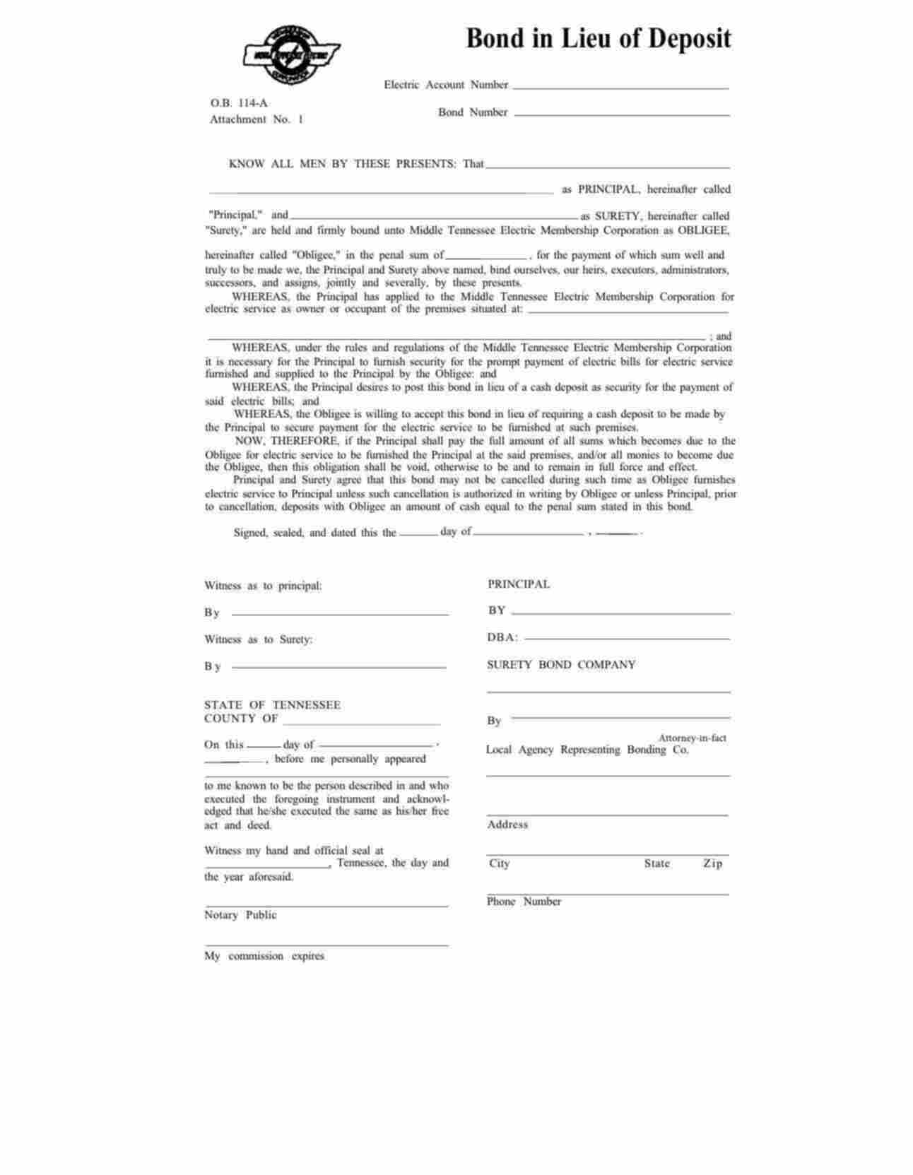 Tennessee Utility Deposit Bond Form