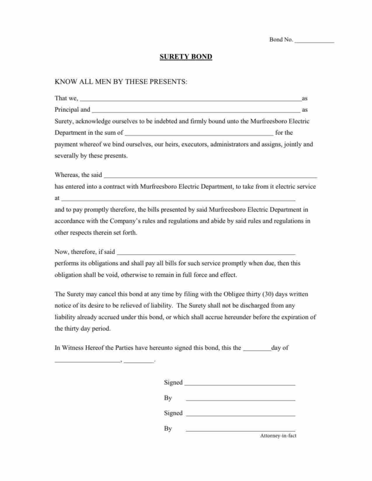 Tennessee Utility Deposit Bond Form