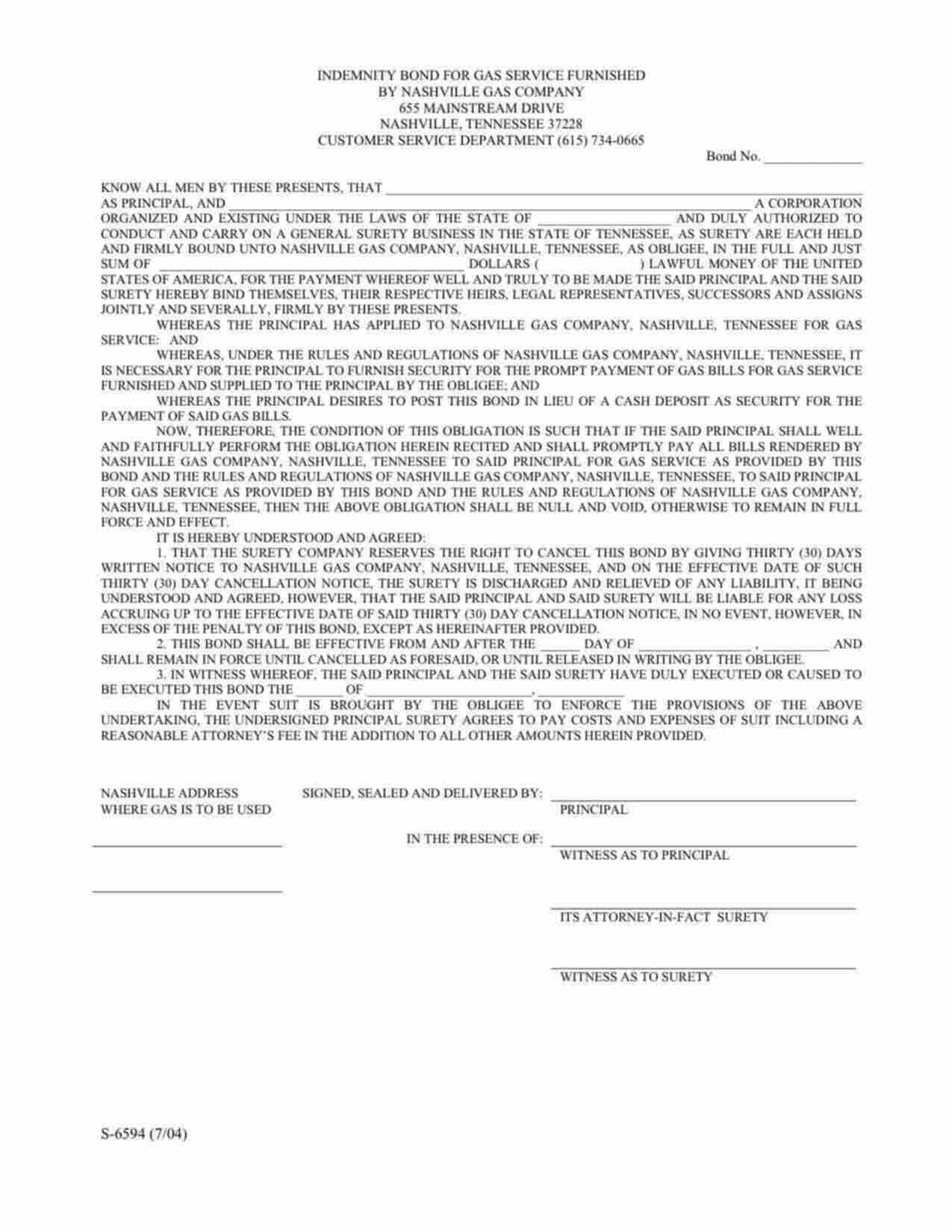 Tennessee Utility Deposit Bond Form