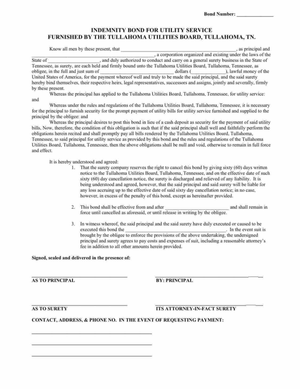 Tennessee Utility Deposit Bond Form