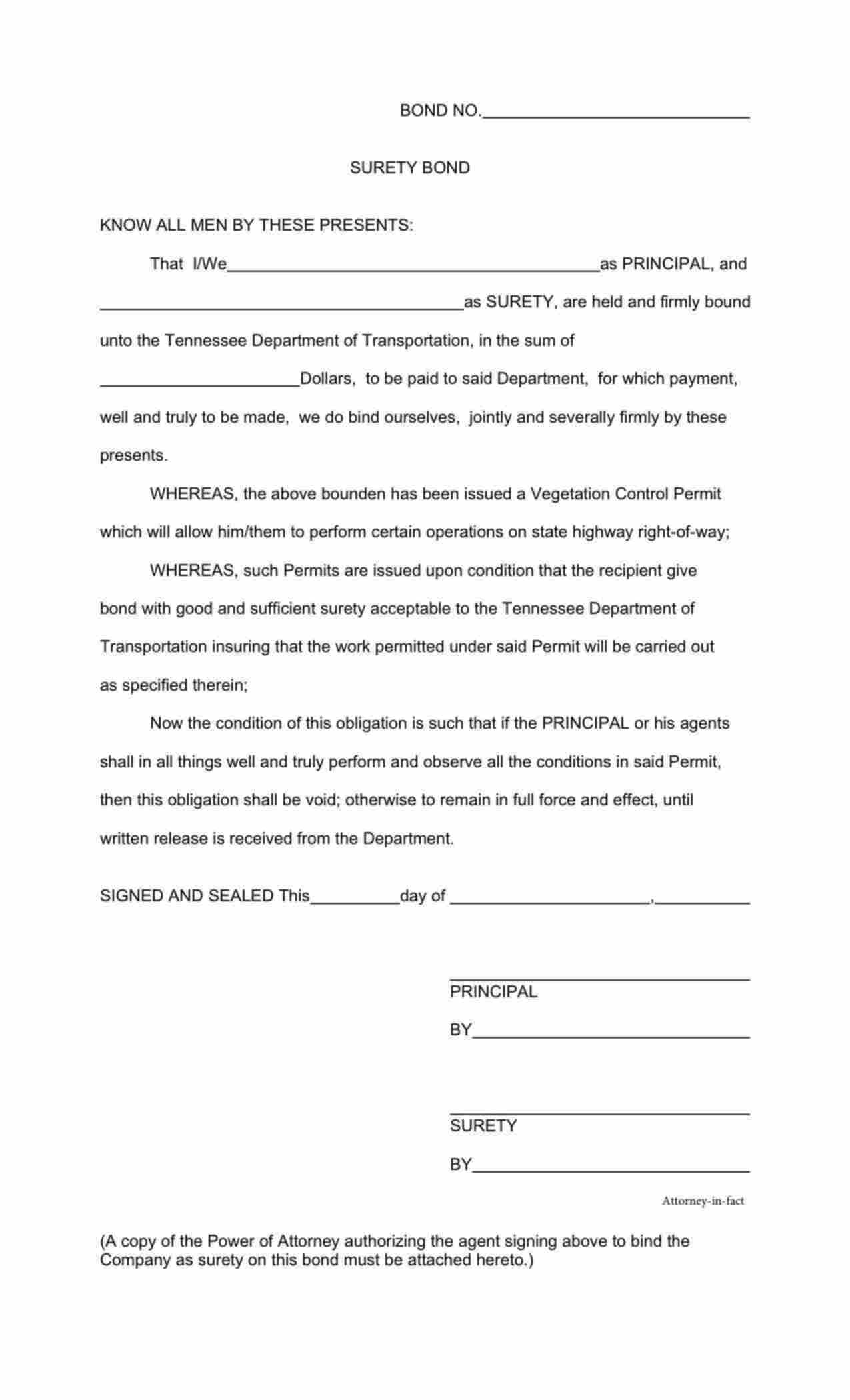 Tennessee Vegetation Control Permit Bond Form