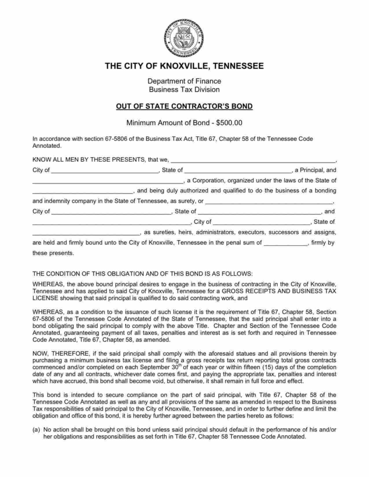 Tennessee Out of State Contractor Bond Form