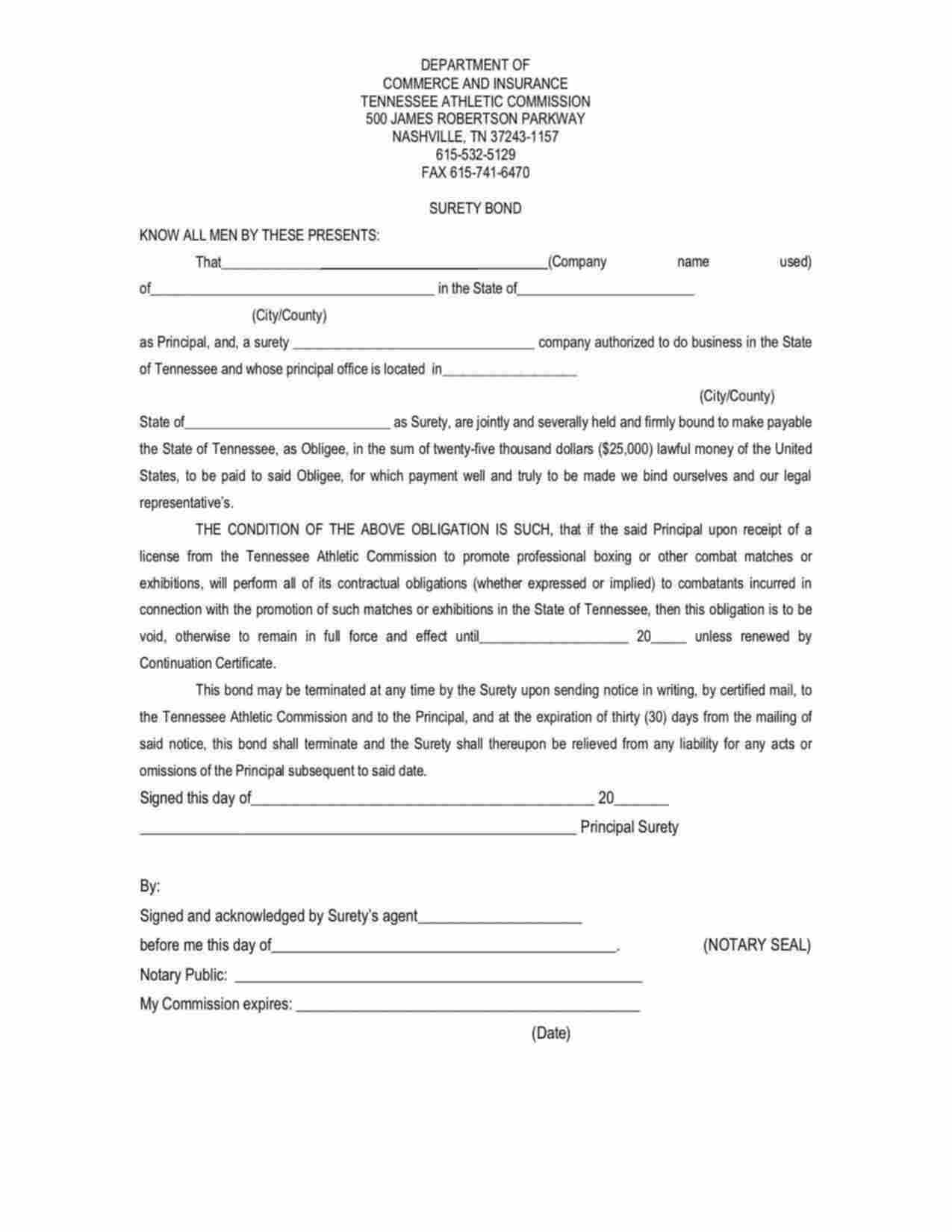 Tennessee Professional Boxing Promoter Bond Form