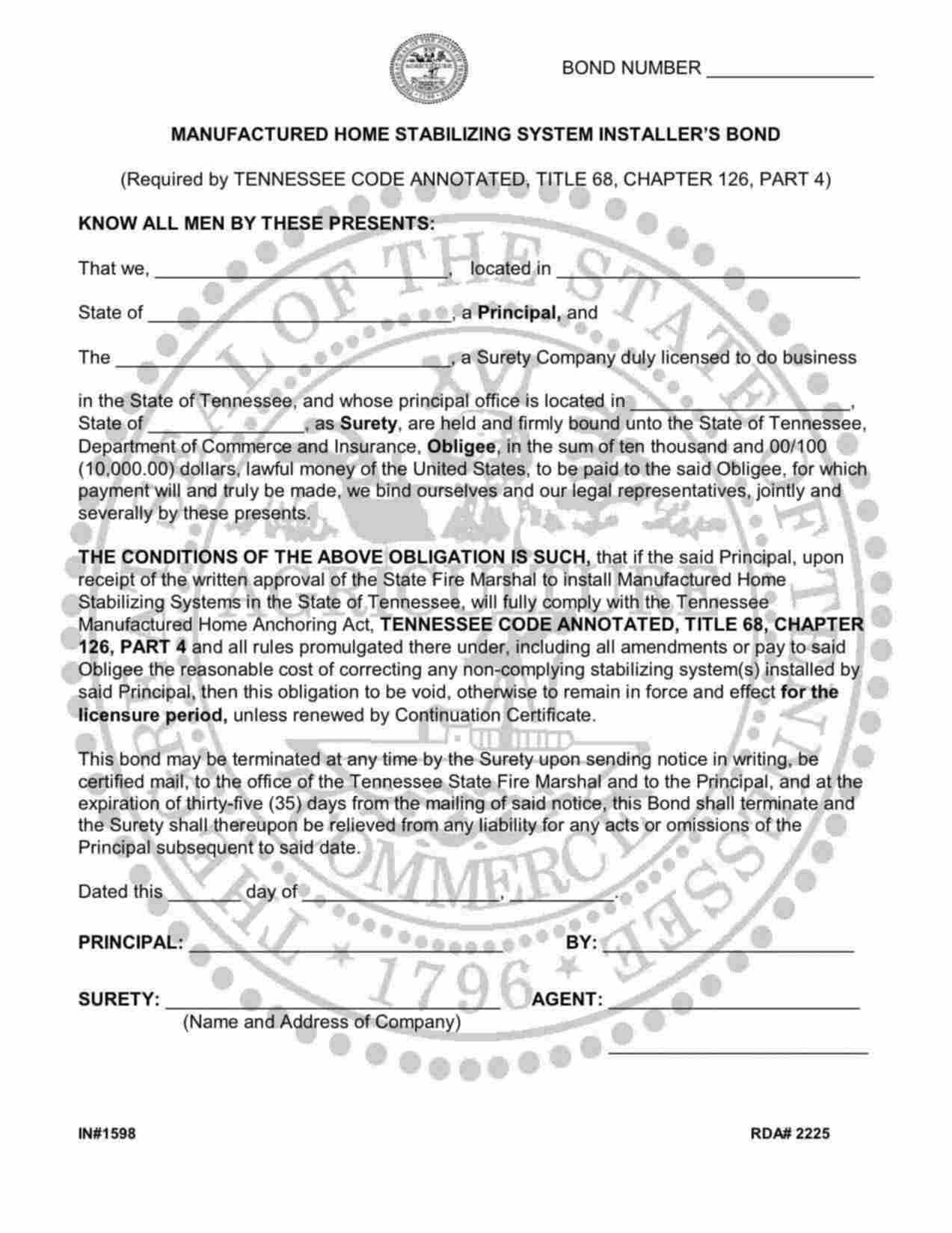 Tennessee Manufactured Home Stabilizing System Installer Bond Form