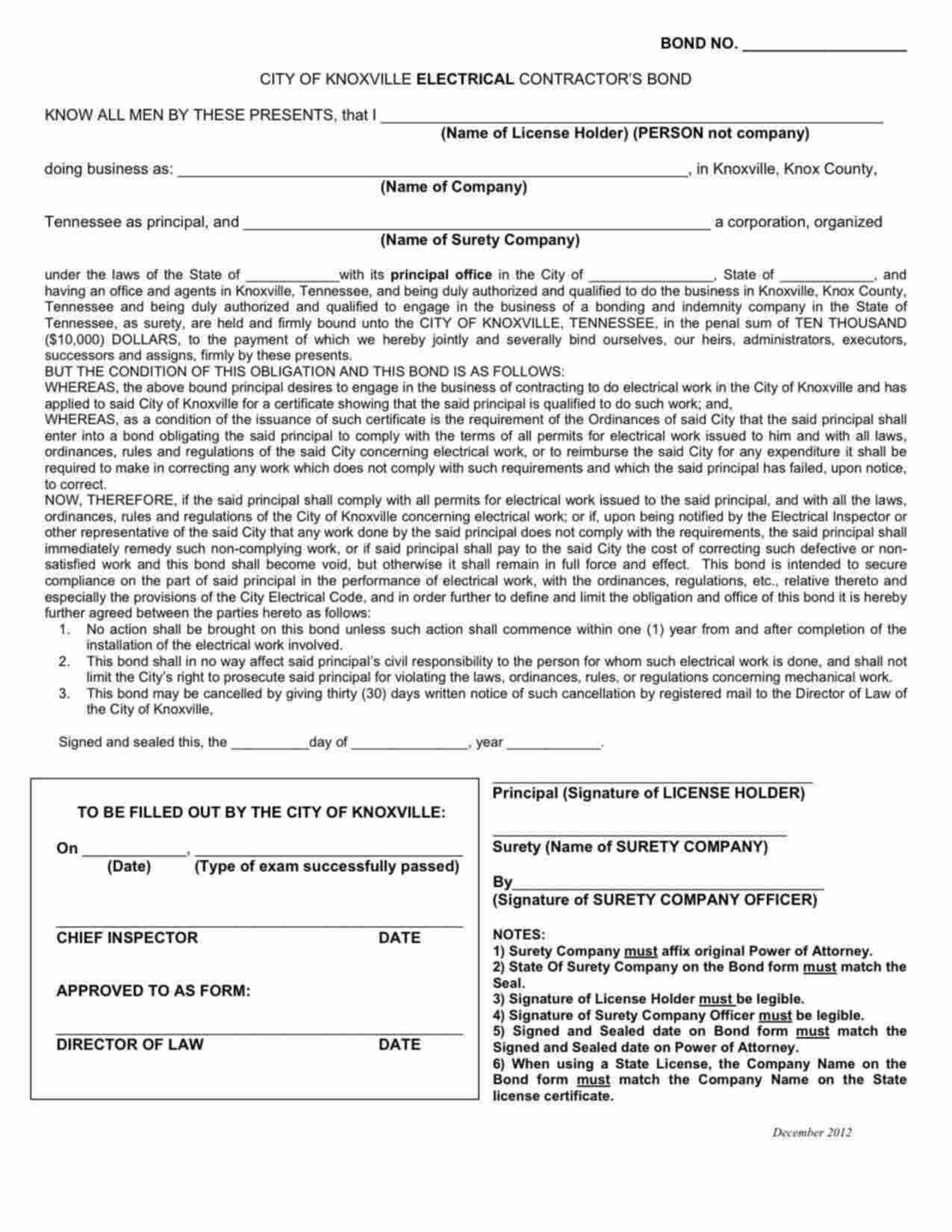 Tennessee Electrical Contractor Bond Form