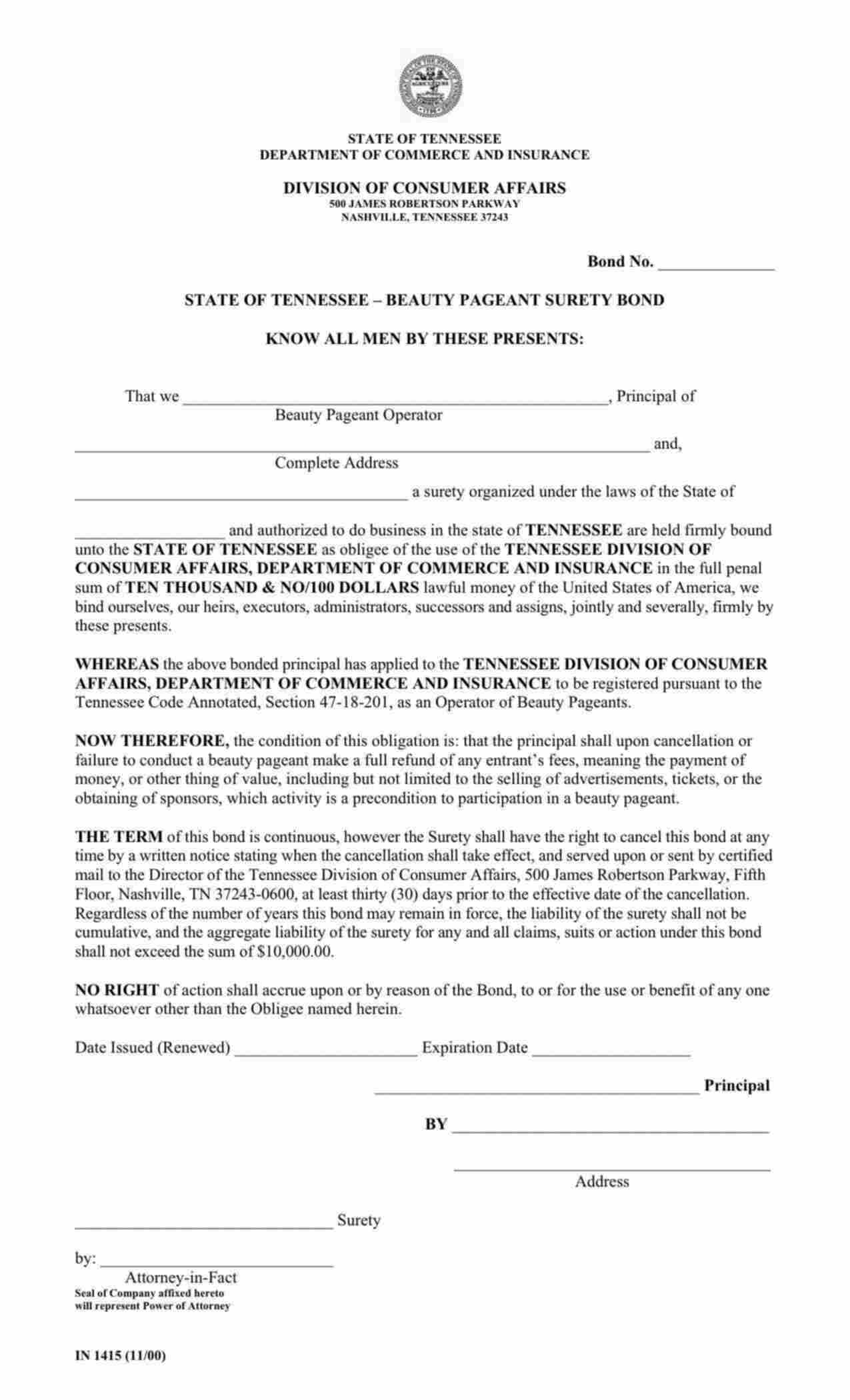 Tennessee Beauty Pageant Operator Bond Form