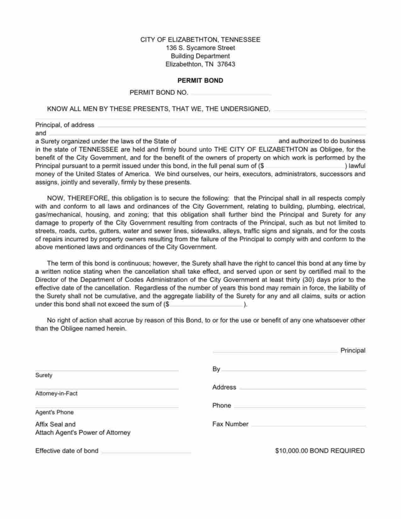 Tennessee Contractor's Permit Bond Form