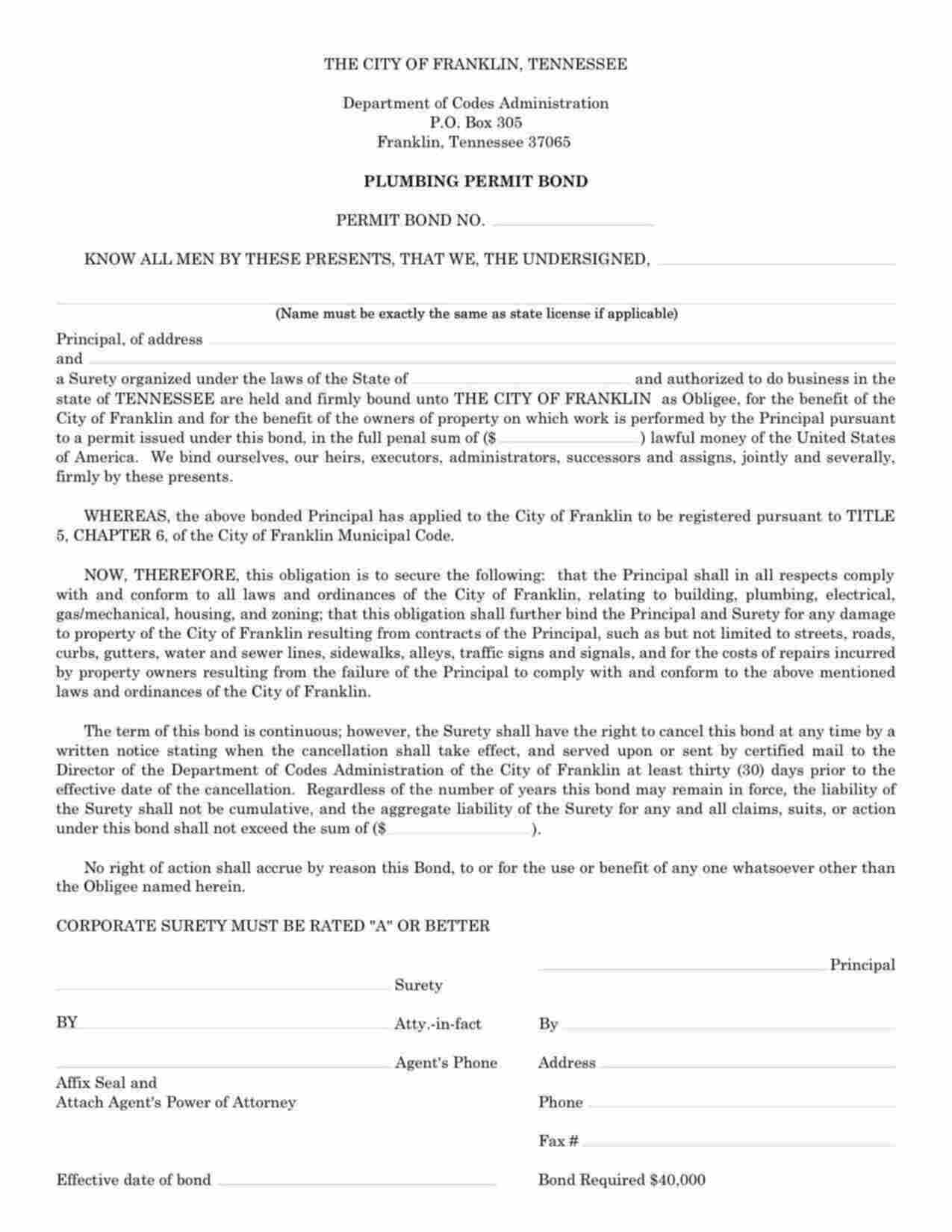 Tennessee Plumbing Permit Bond Form