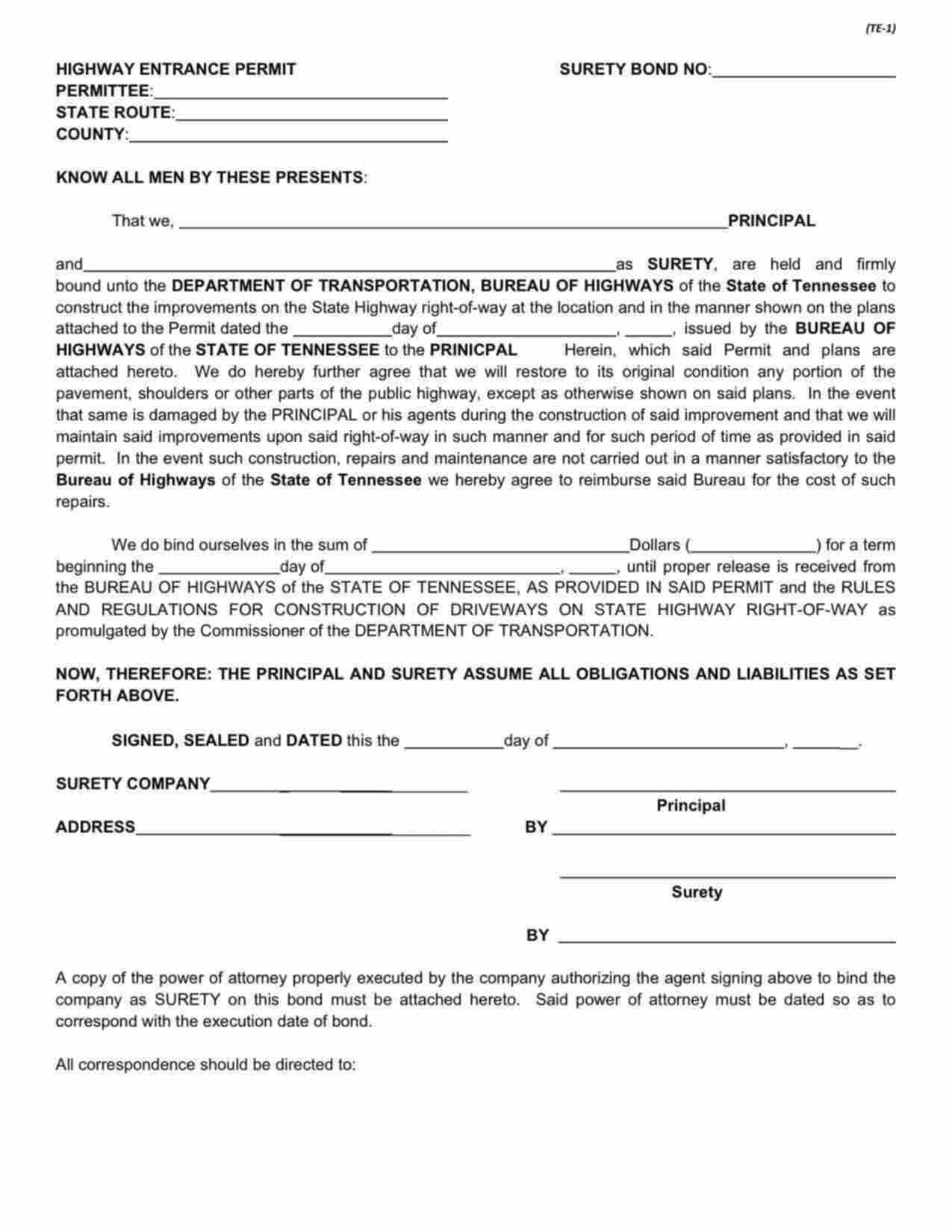 Tennessee Highway Entrance Permit Bond Form