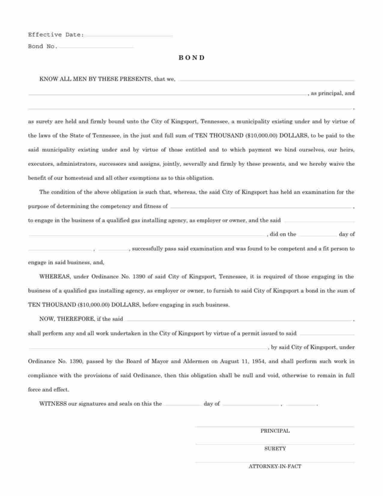 Tennessee Gas Installer Bond Form