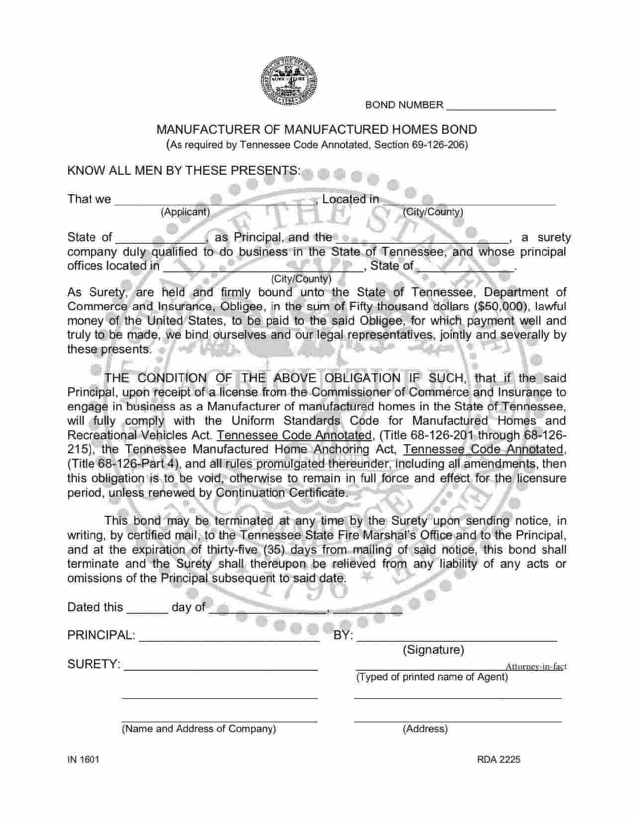 Tennessee Manufacturer of Manufactured Homes Bond Form