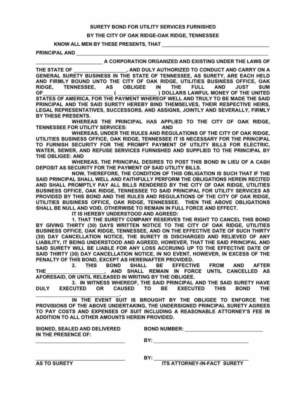 Tennessee Utility Deposit Bond Form