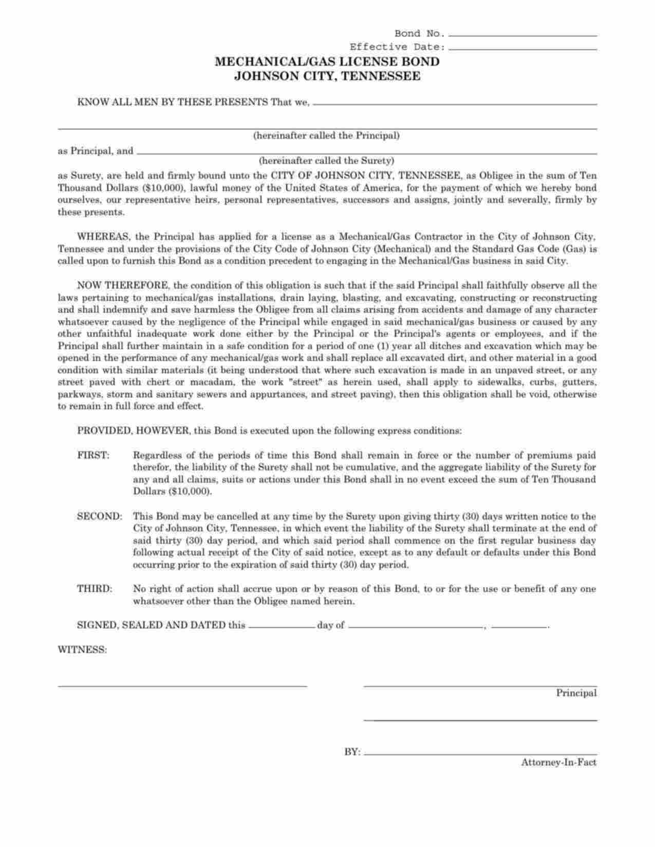 Tennessee Gas/Mechanical License Bond Form