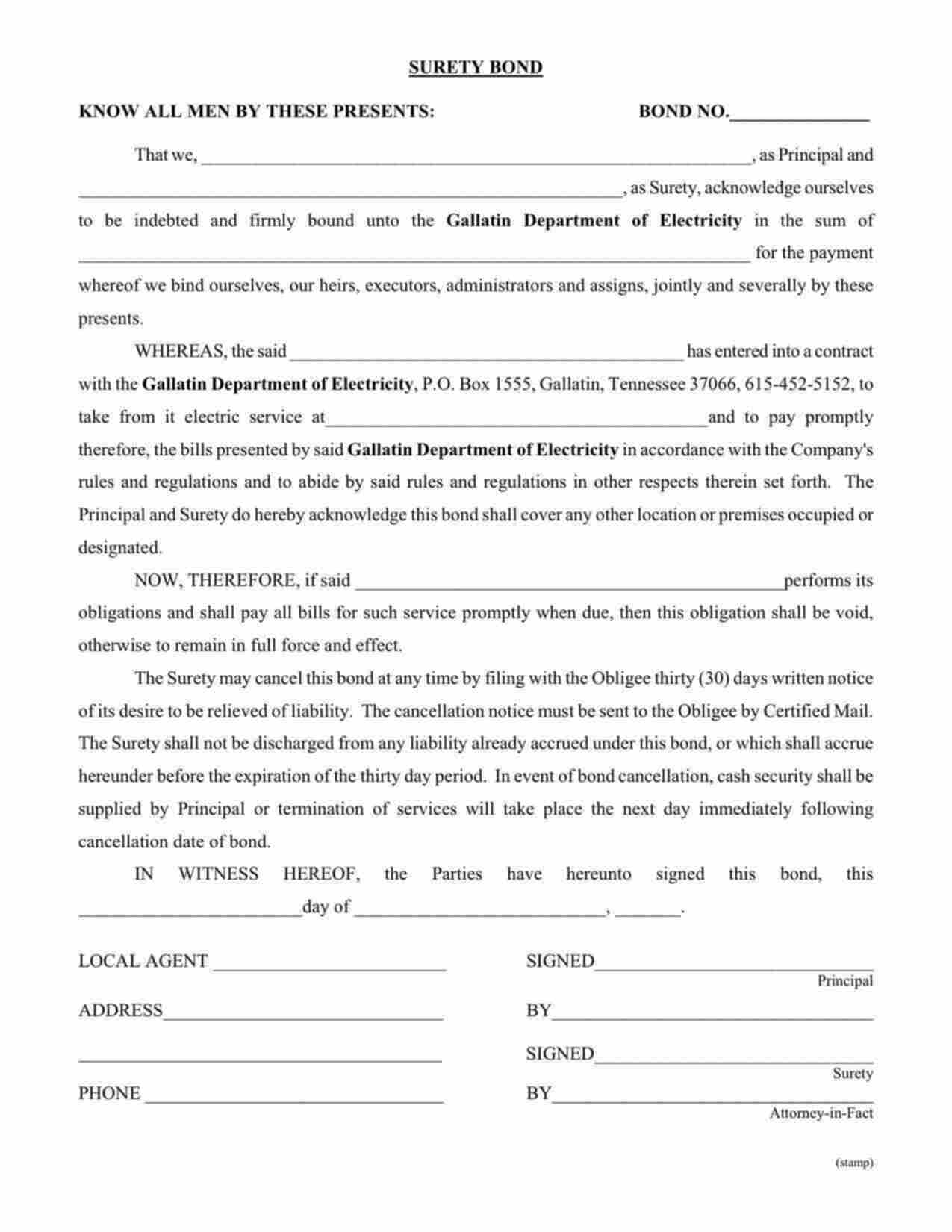 Tennessee Utility Deposit Bond Form