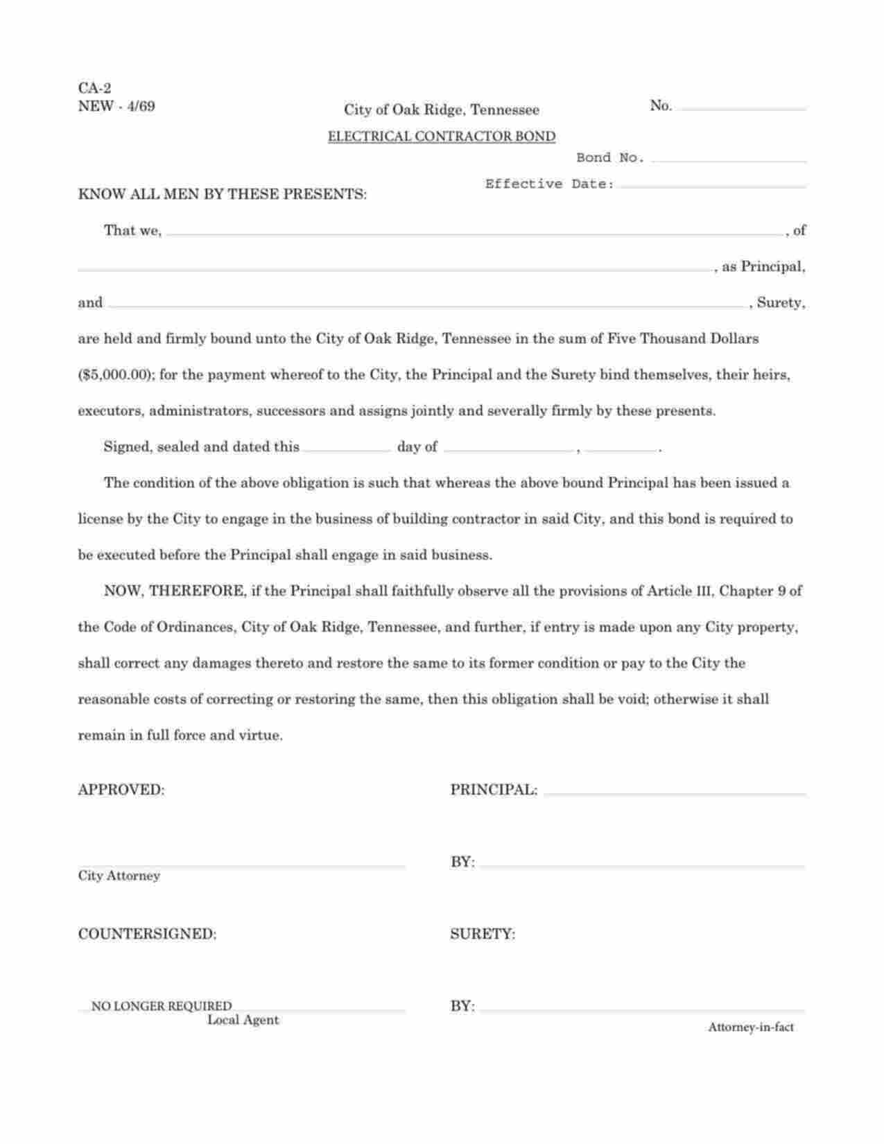 Tennessee Electrical Contractor Bond Form