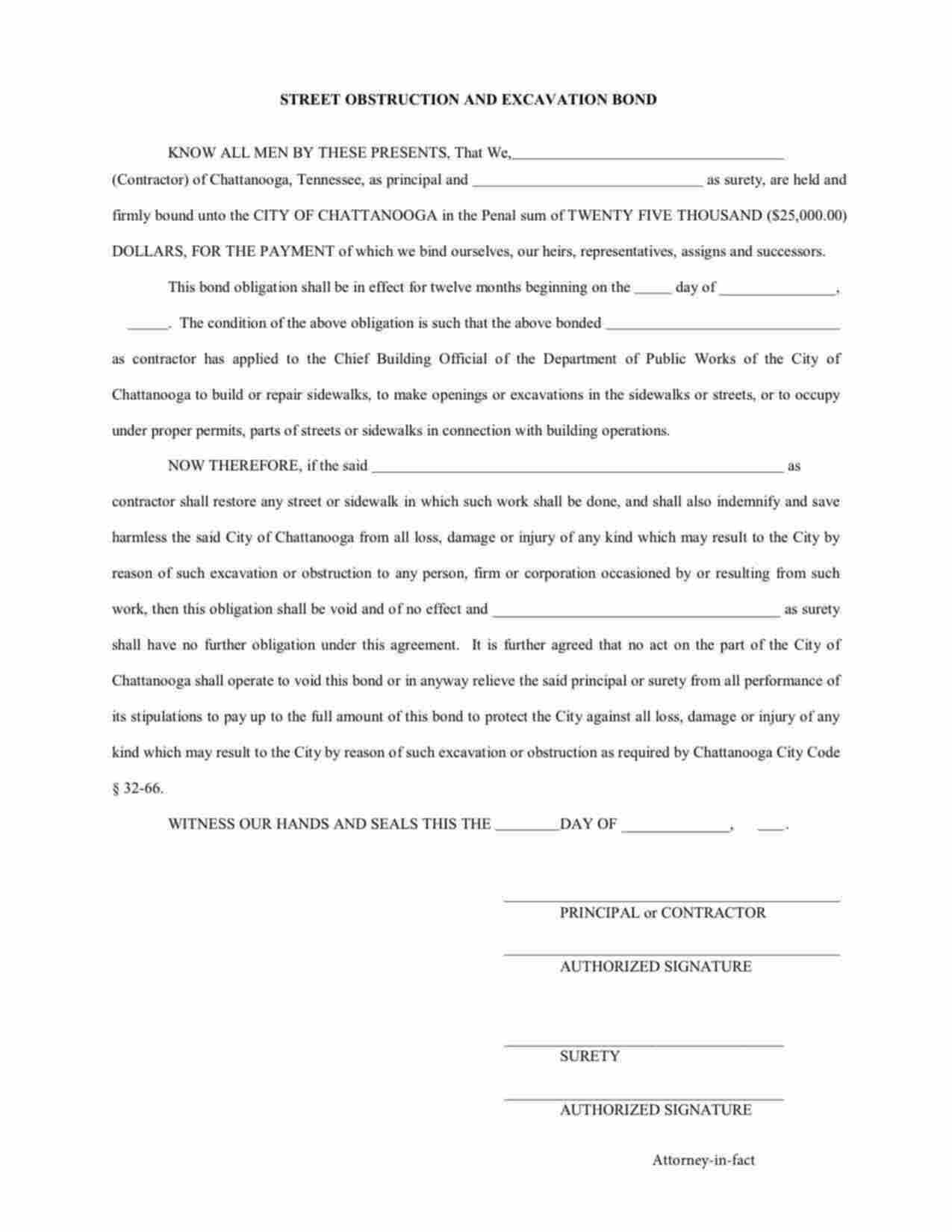 Tennessee Street Obstruction and Excavation Bond Form