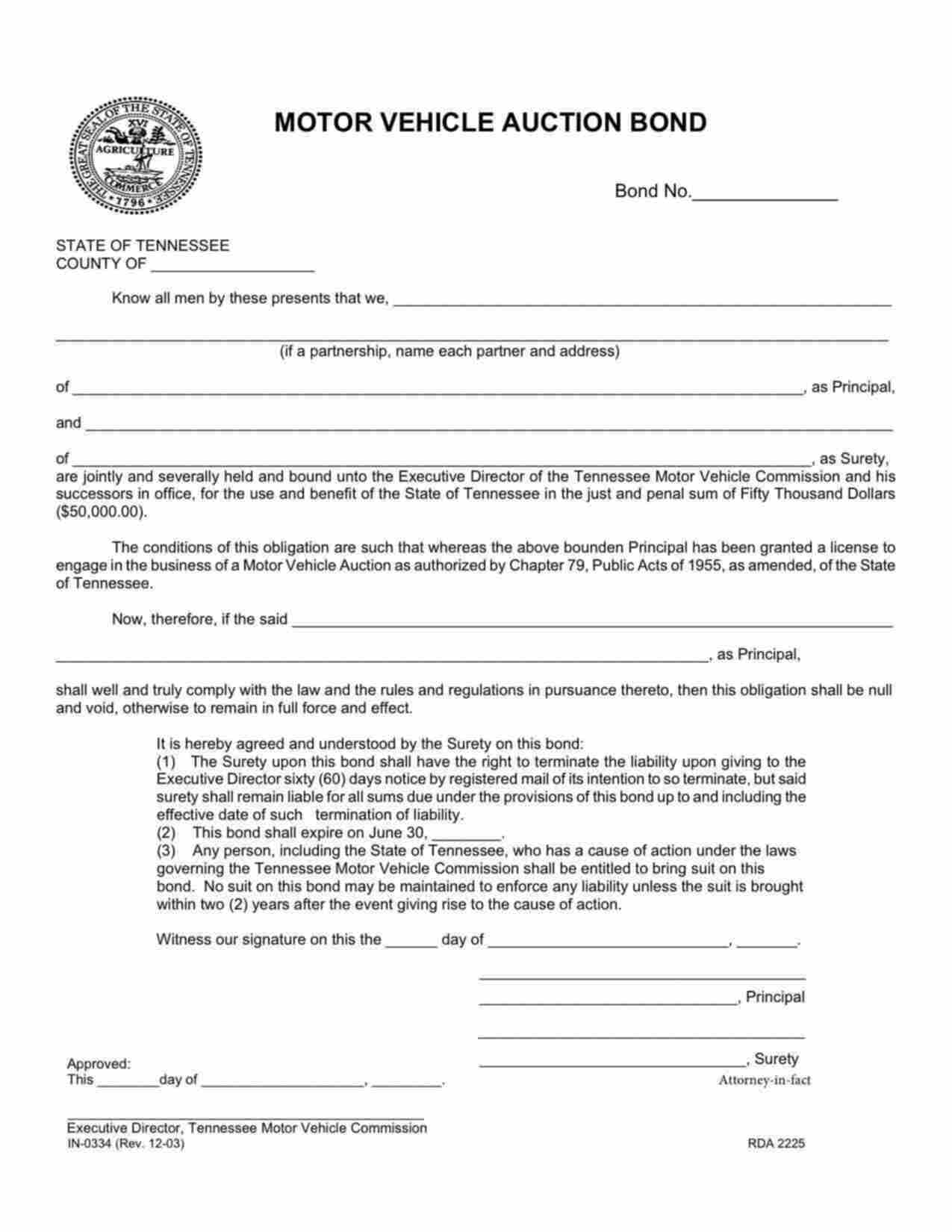 Tennessee Motor Vehicle Auction Bond Form